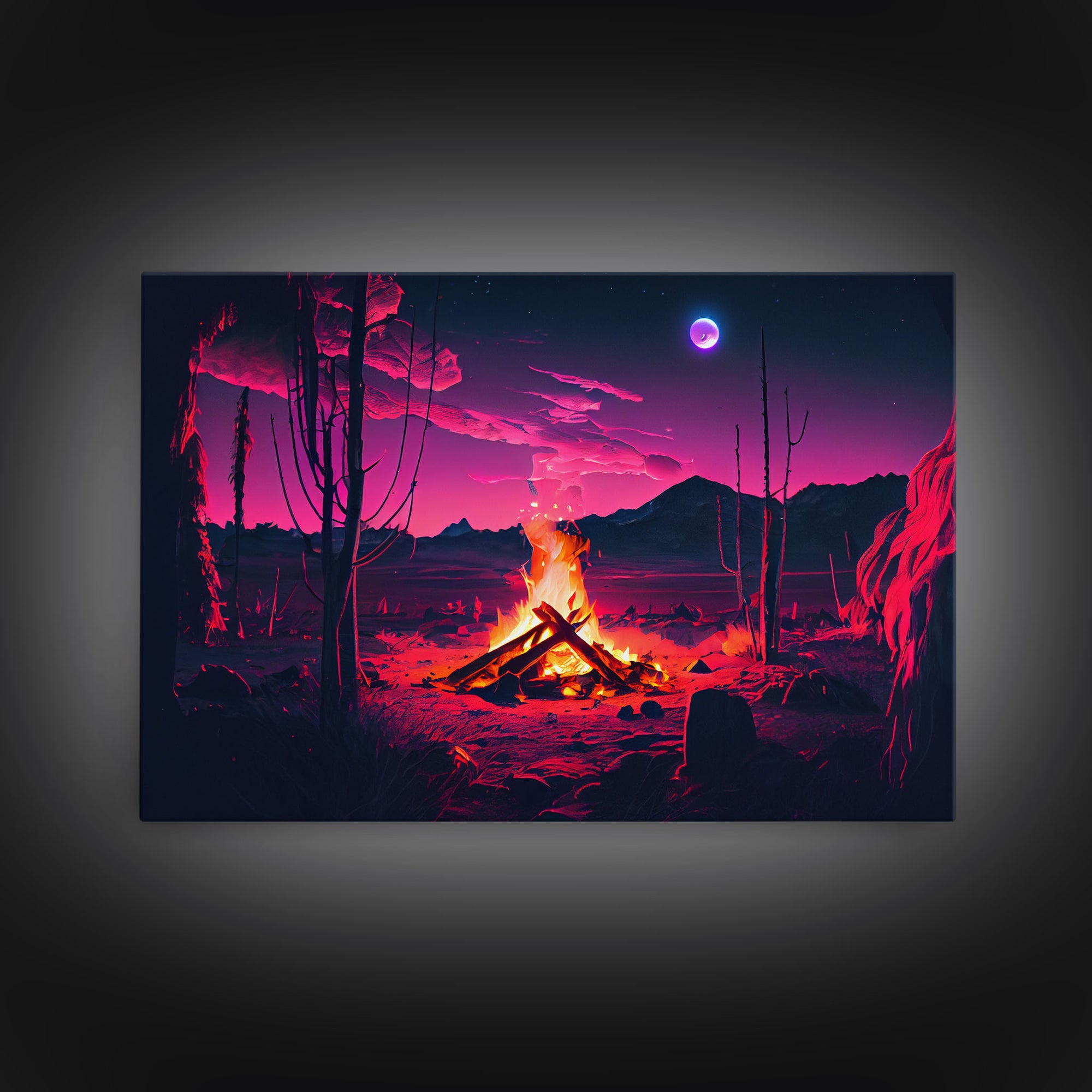 Primitive Art, Campfire Painting Print, Framed Canvas Print, Synthwave Farmhouse Decor