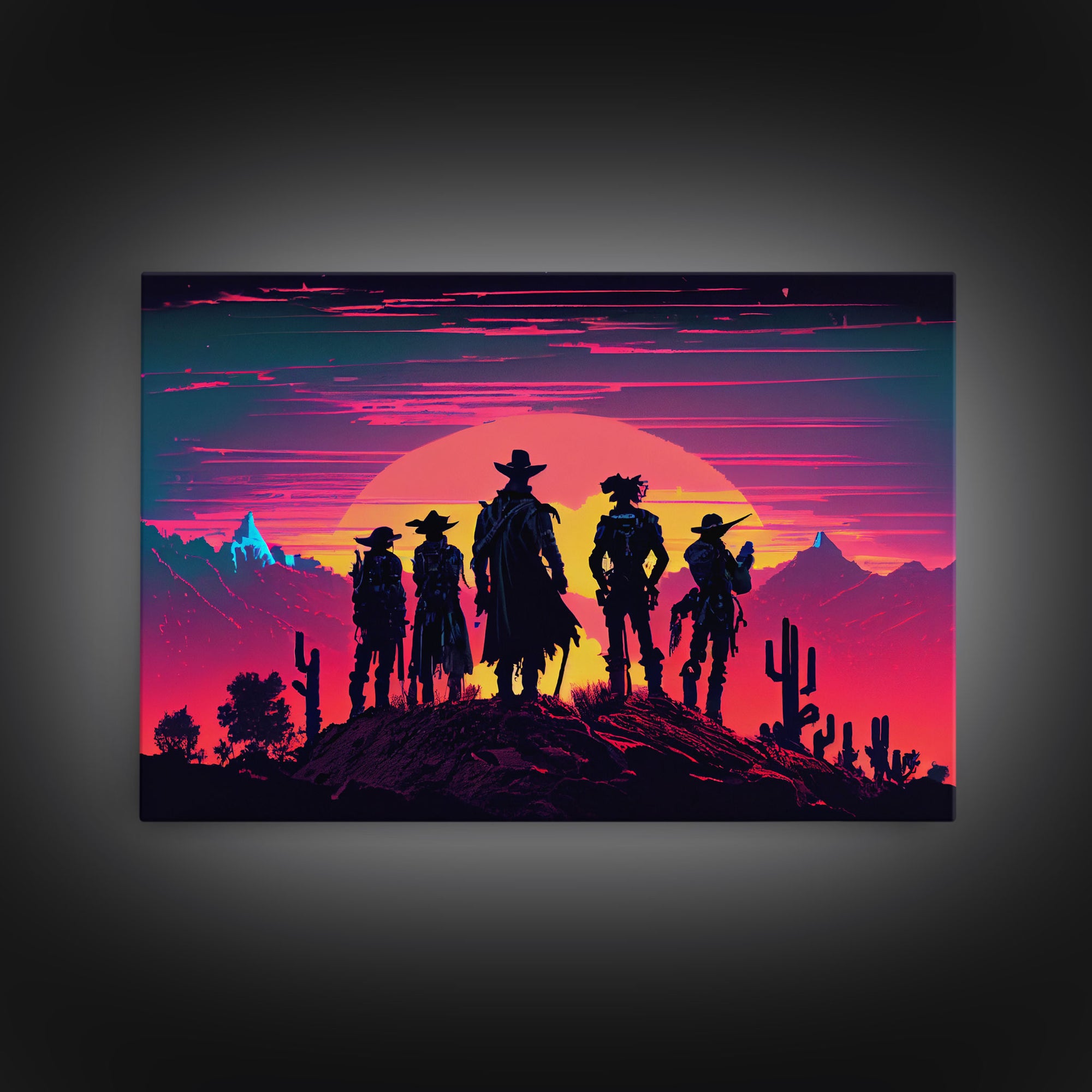 Retro Synthwave Style Wild West Cowboys, framed canvas print, retro outrun style wild west art