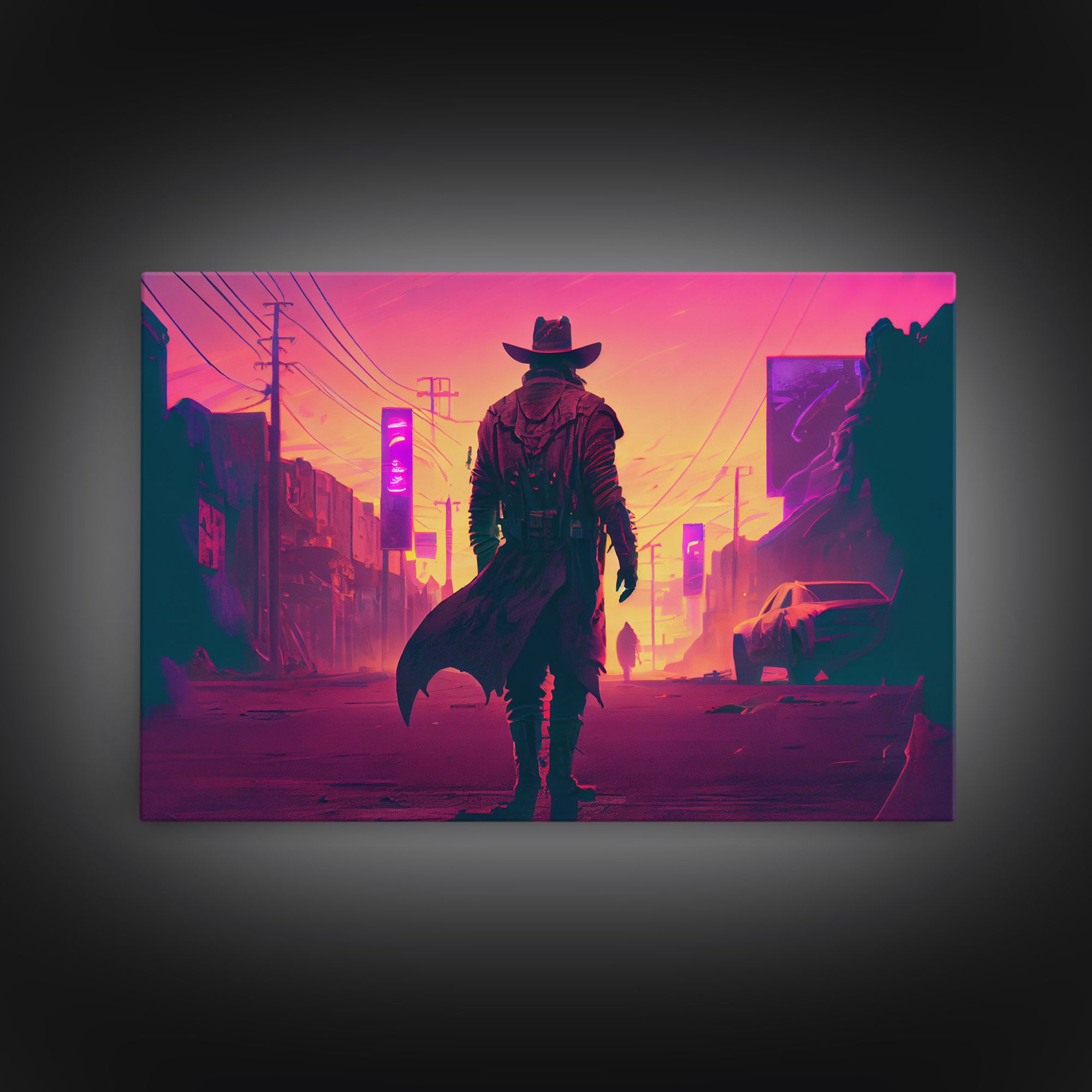 The Gunfighter, Retro Outrun style wild west cowboy art, framed canvas print