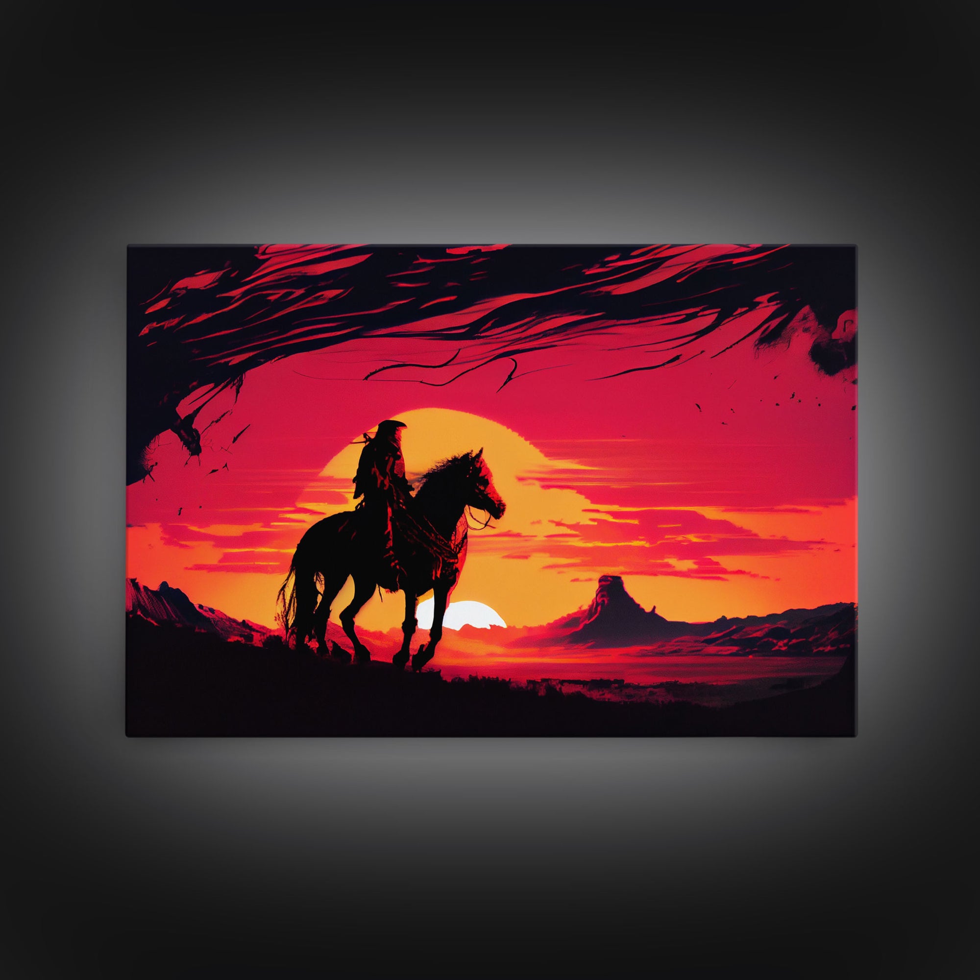 Retro Wildwest Sunset Art, Framed Canvas Print, Native American Warrior on Horseback