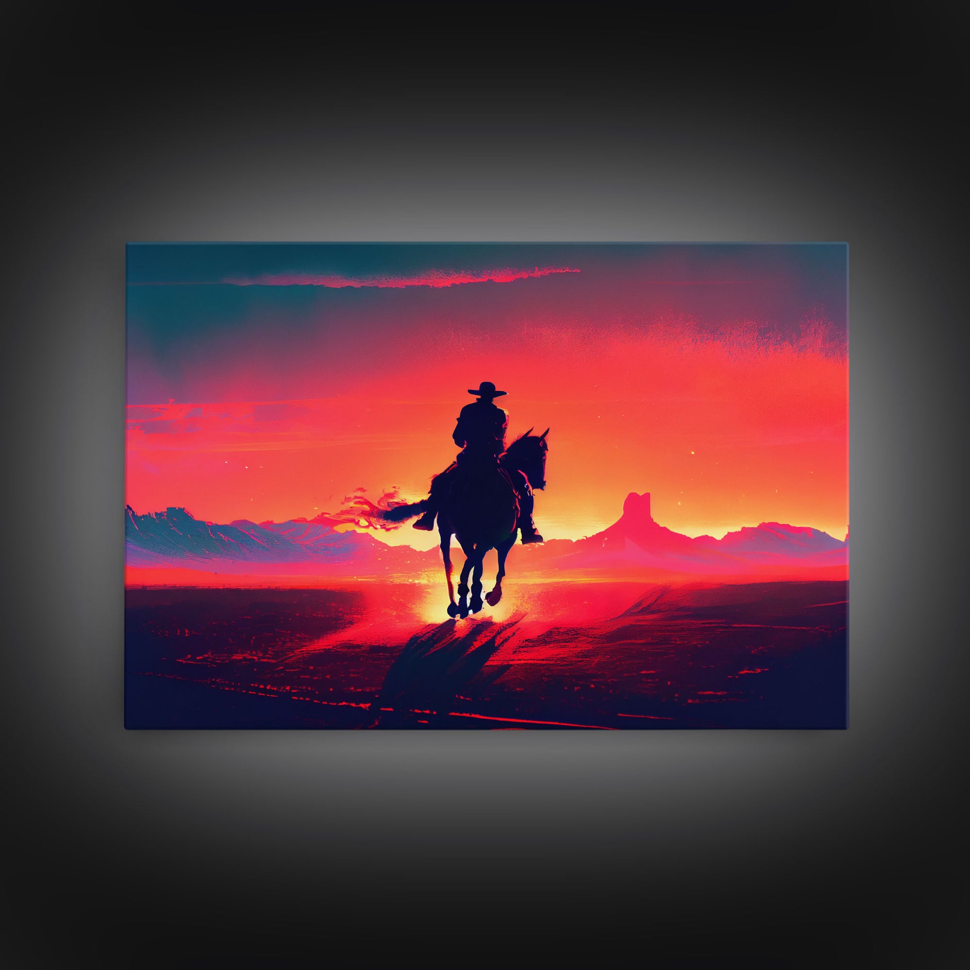 The Sunset Ride, Wild West Cowboy Art, retro style western decor, framed canvas print