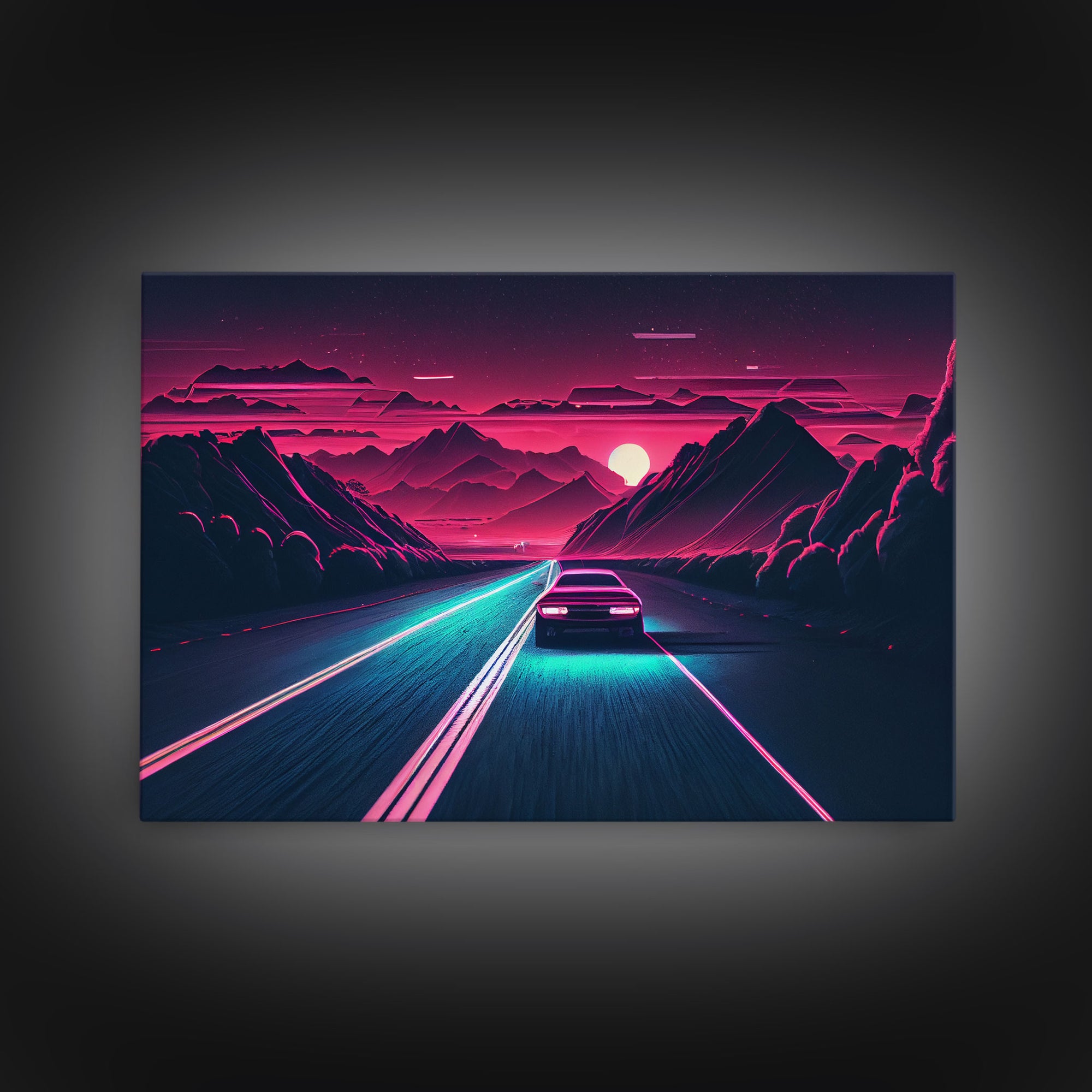 Midnight Drive, Unique Synthwave Style Retro Art, 80s style art, framed canvas print