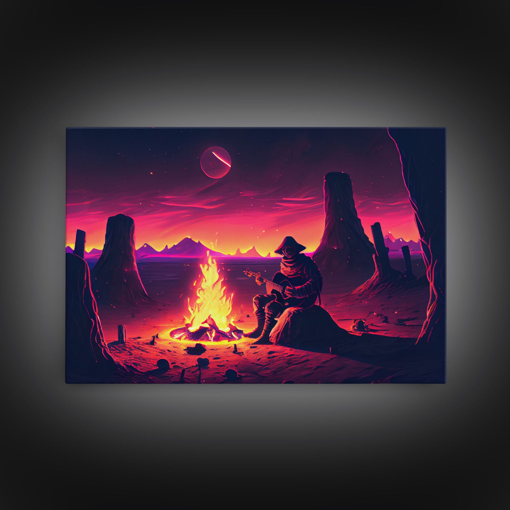 Campfire Songs, Retrowave style art, framed canvas print, synthwave art