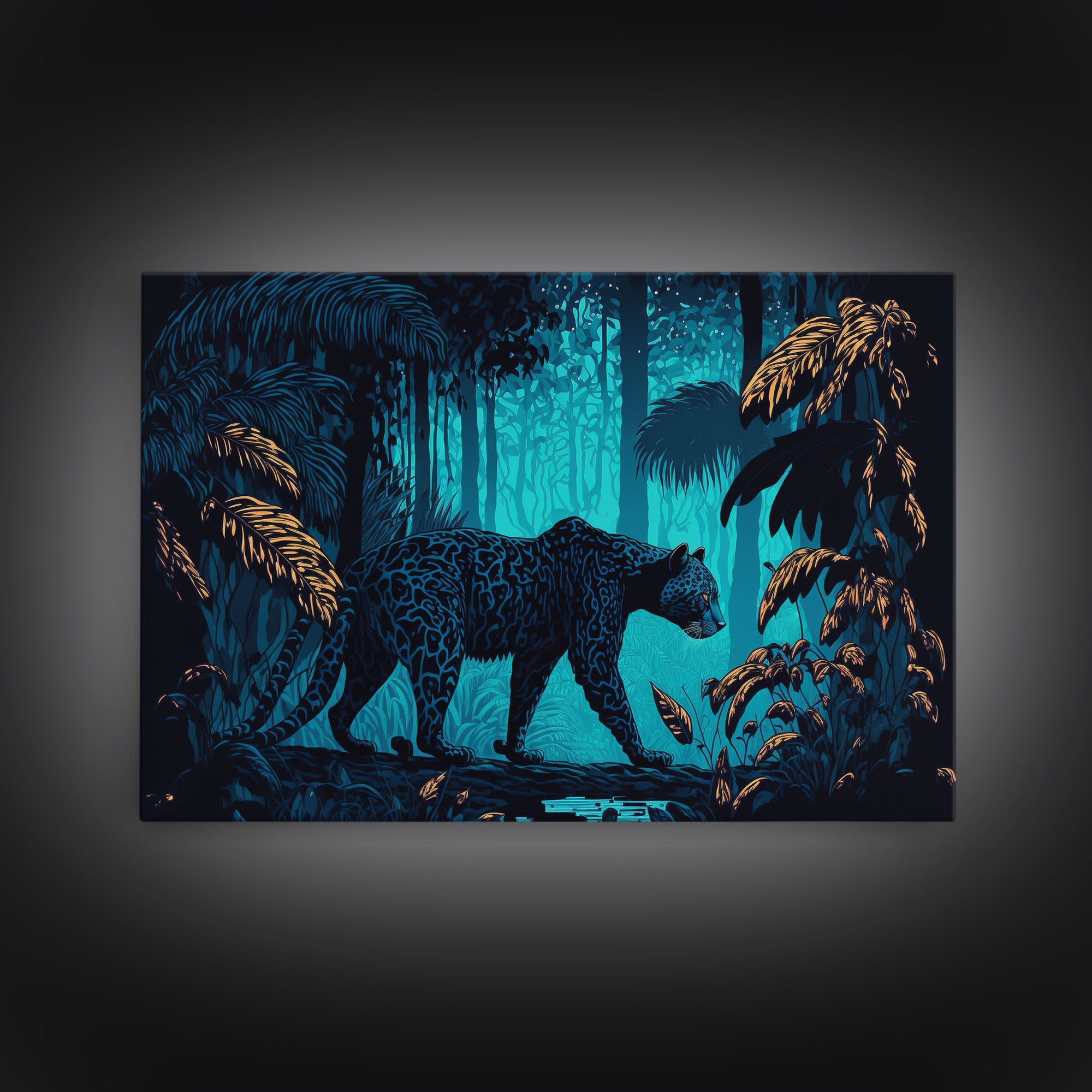 Black and Turquoise Panther, framed canvas print, unique wall art, wildlife canvas art, living room wall art