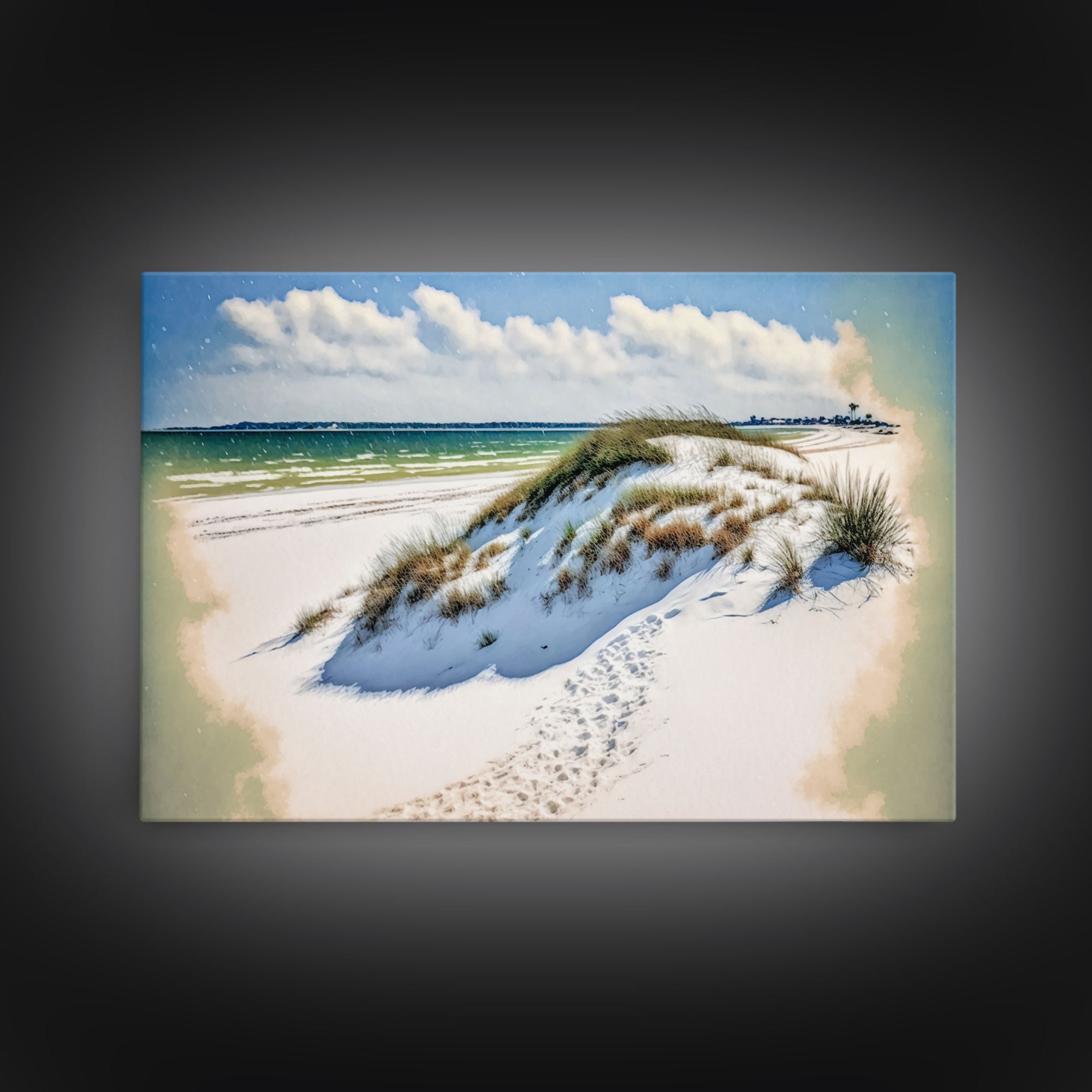 Whimsical watercolor of sand dunes on a beach, framed canvas print, beautiful living room wall art