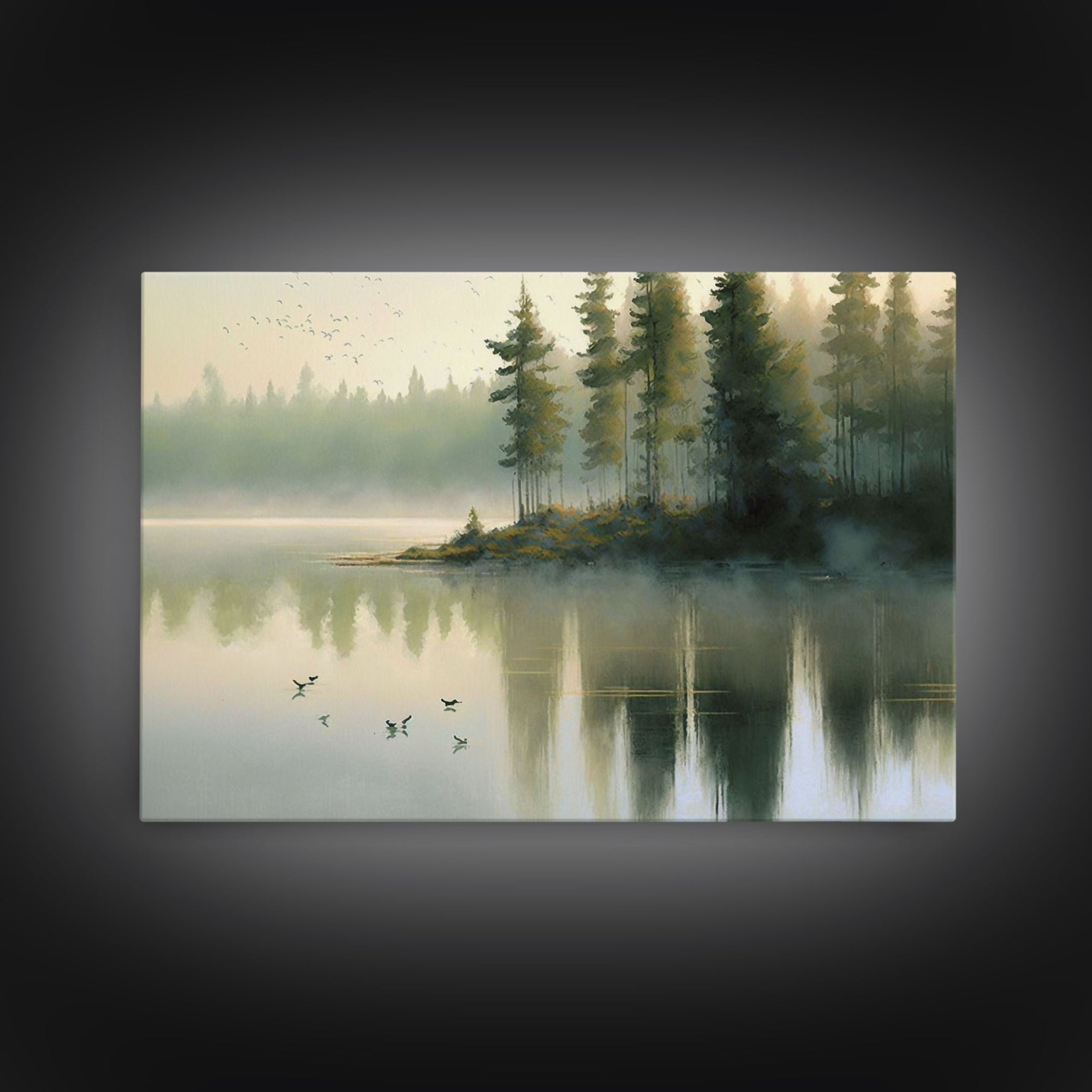 Misty Morning Sunset over a Oregon Lake, framed canvas print, beautiful nature / landscape art, boho minimalist farmhouse wall decor