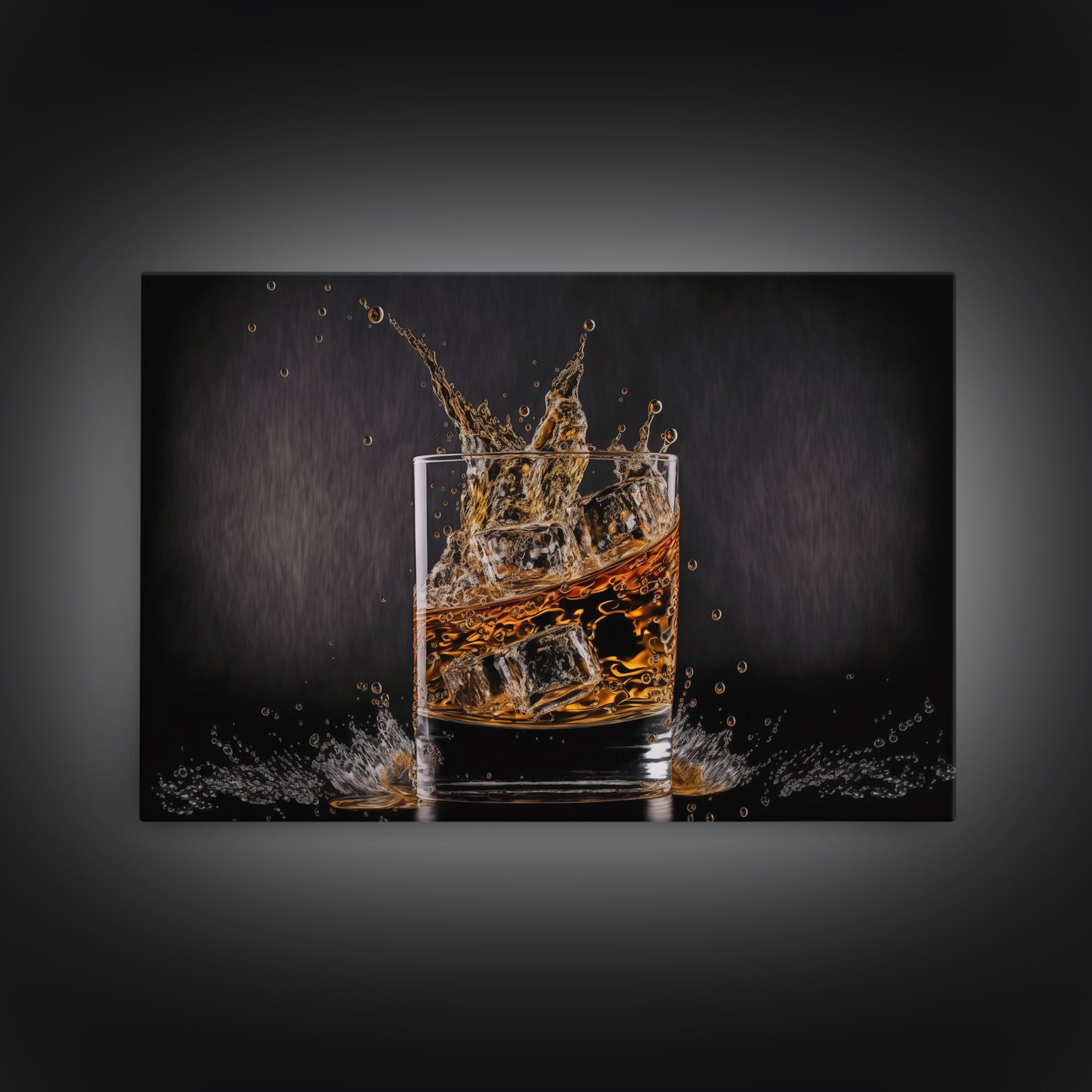 Whiskey Wall Décor, Glass of Whiskey with Splash, Man Cave Wall Art, Whisky Artwork, Home Bar Decor, Framed Canvas Print