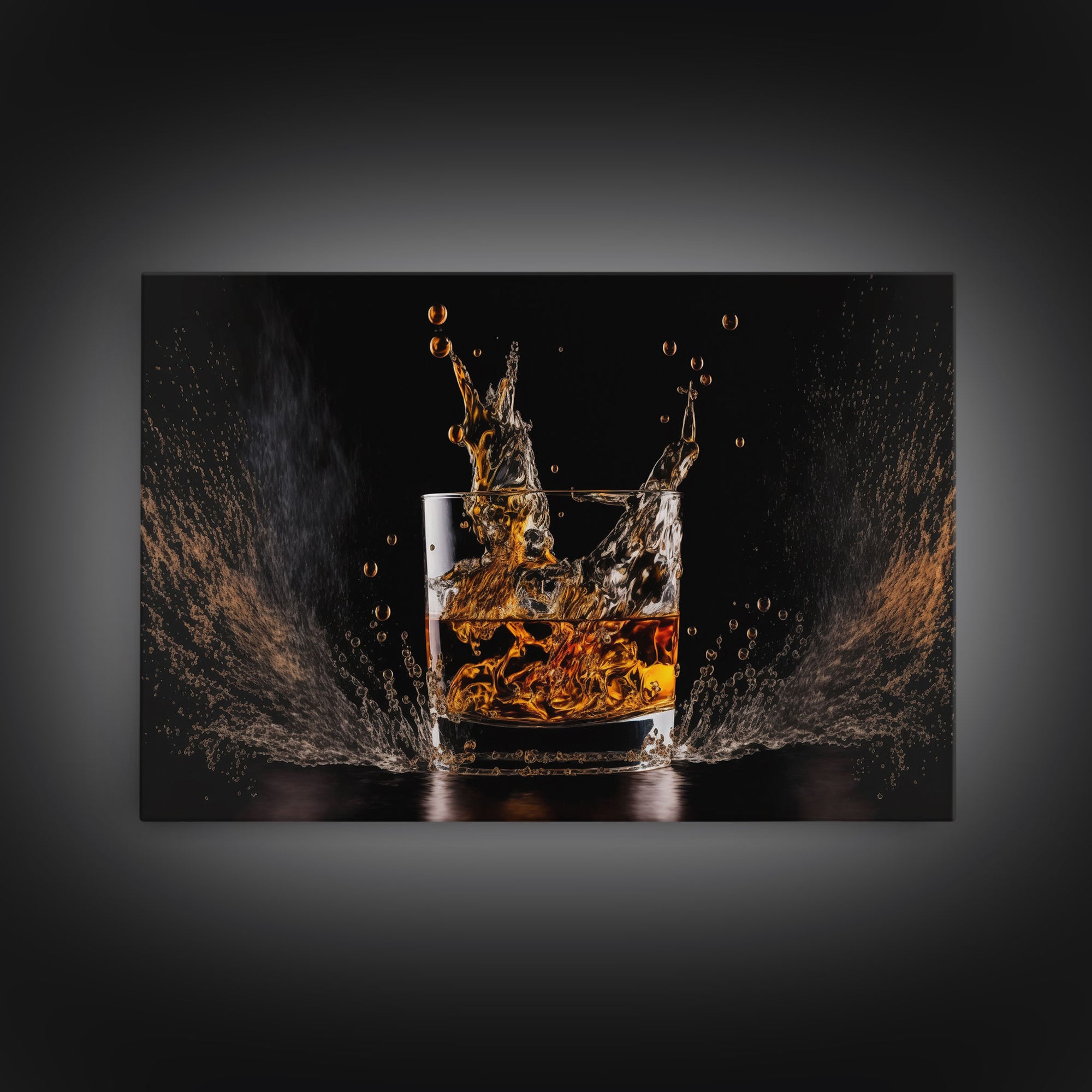 Whiskey Wall Décor, Ice falling into a glass of whiskey, modern / contemporary bar wall art, framed canvas print