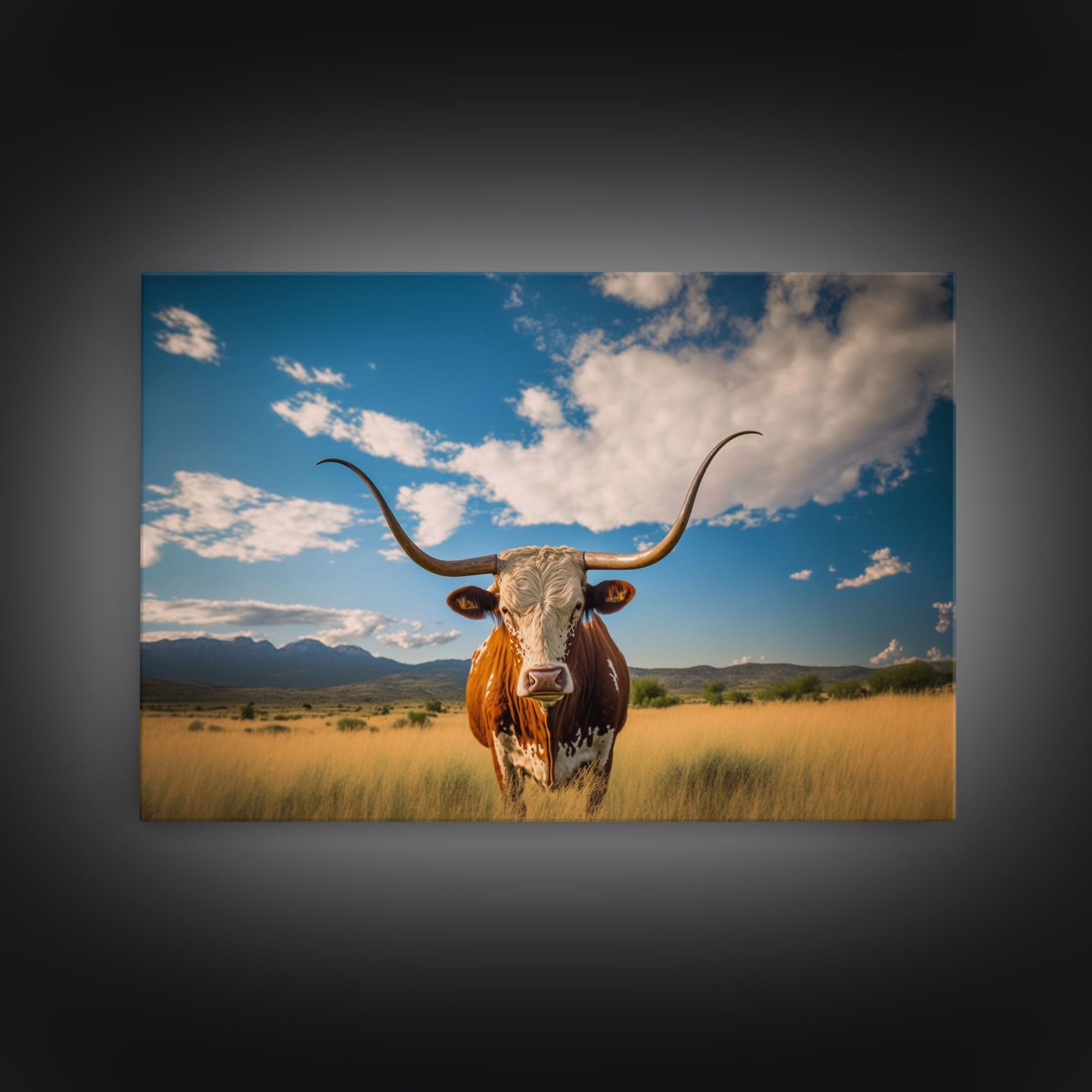 Texas longhorn art Rustic wall art, wall decor Western farmhouse decor, cow framed canvas print, Trendy wall art, Longhorn canvas print