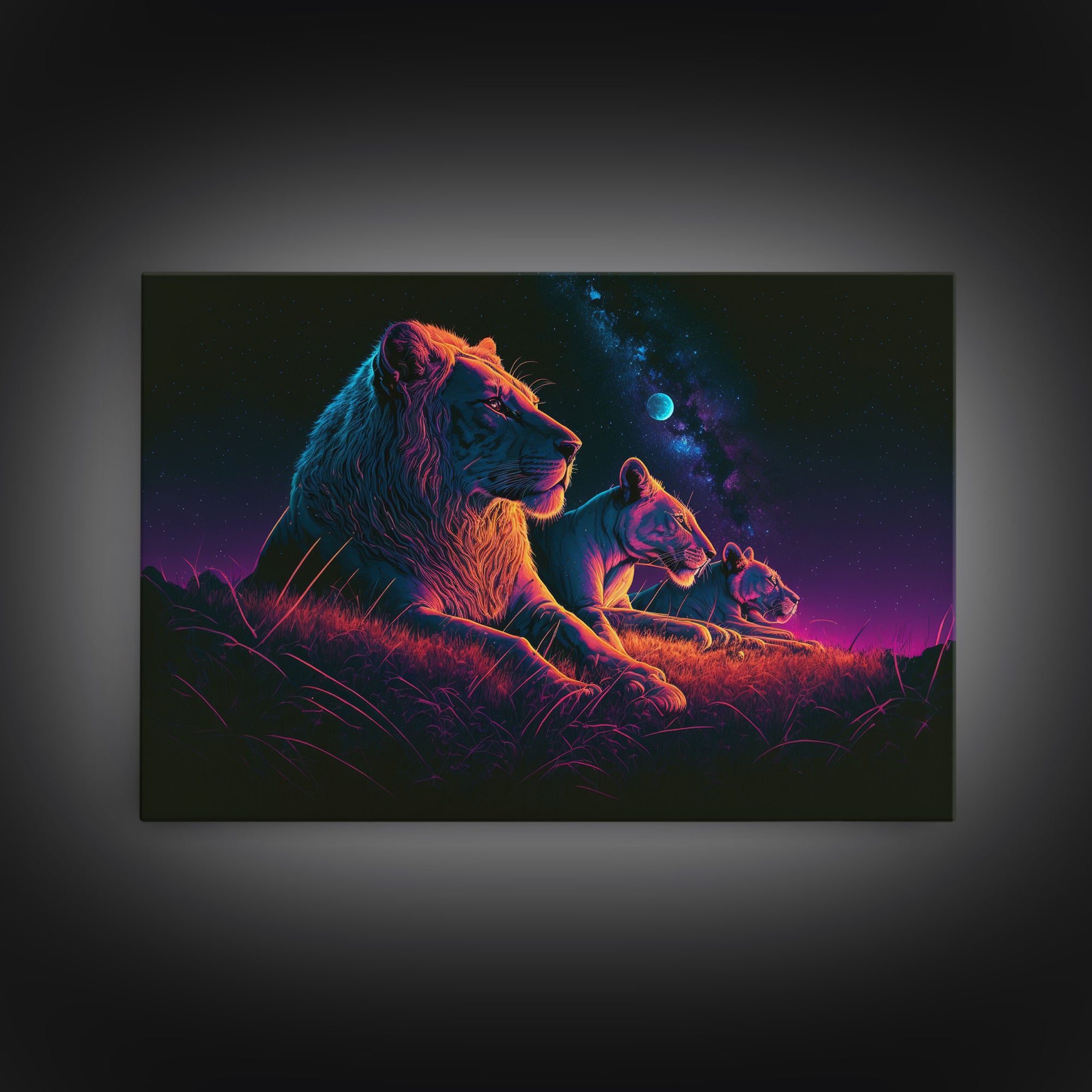 Retro Synthwave Style Lion Art, African Wildlife, Framed Canvas Print, Pastel Tones Wall Decor