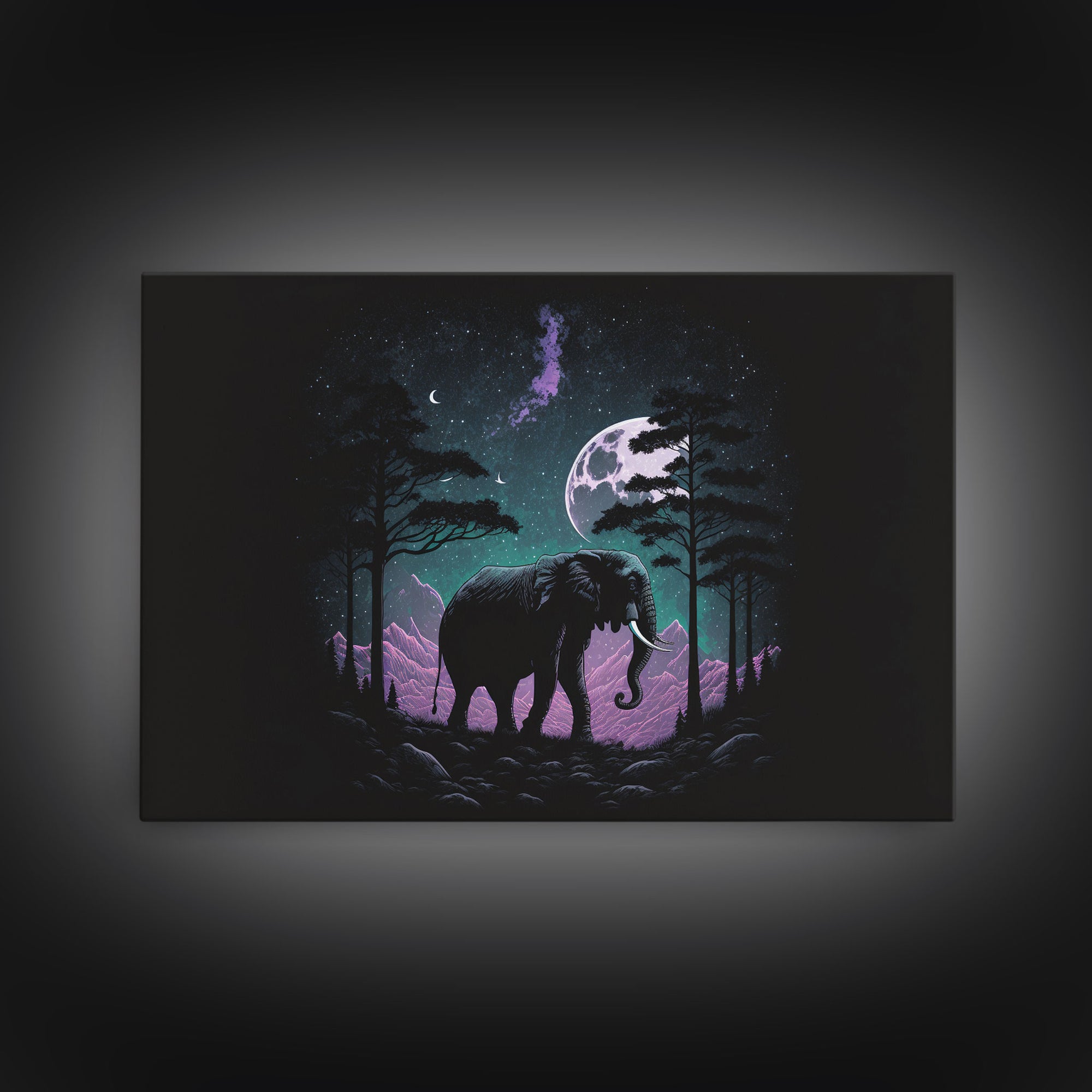 Synthwave Elephant Art | Framed Canvas Print | Framed Wall Art | Animal Prints | Wildlife Art | Elephant Walks Under A Full Moon