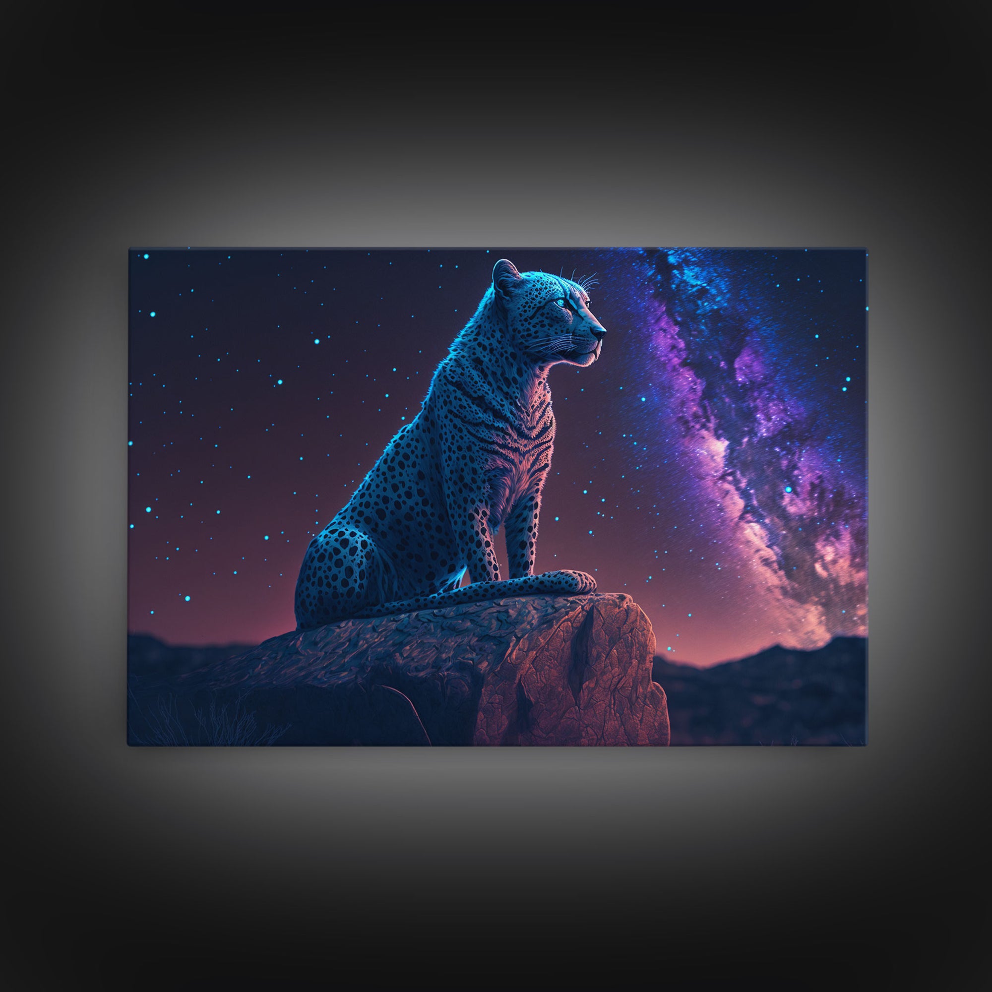 Synthwave Animal Prints, Cheetah and a starry night sky, framed canvas print, cute animal art