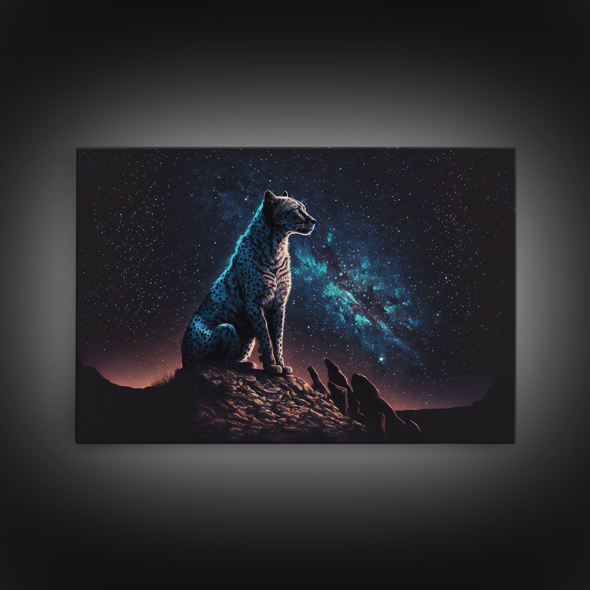 Cheetah Print, Synthwave Animal Prints, Cheetah and a starry night sky, framed canvas print, cute animal art