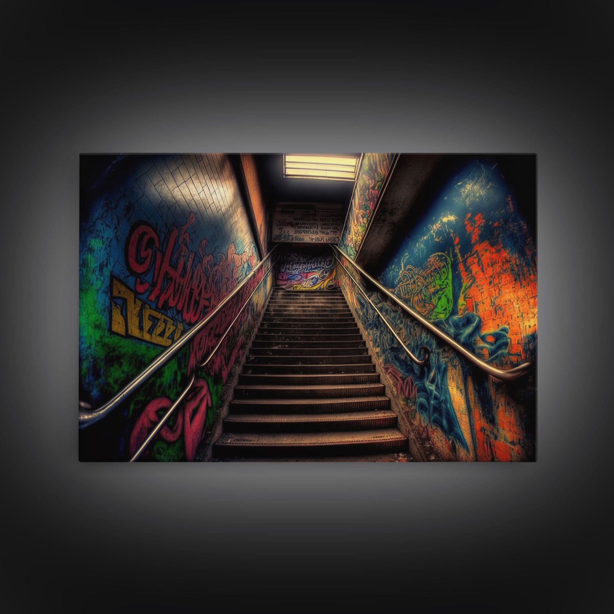 Graffiti Covered Staircase | Subway Stairs | Framed Canvas Print | Punk Art | Dystopian Cyberpunk Art