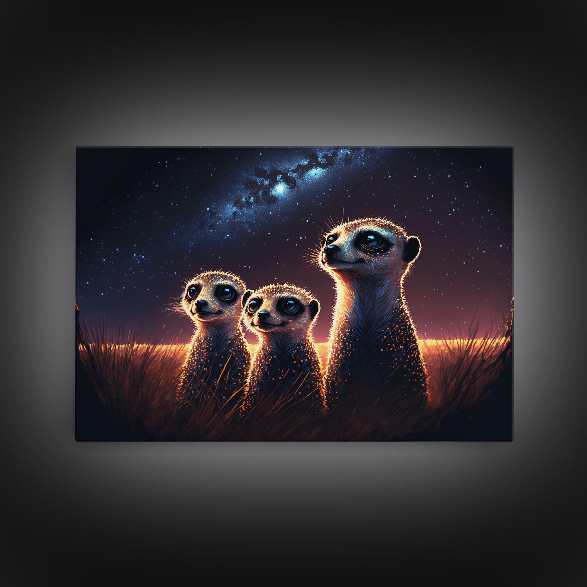 Meerkat Art, framed canvas print, Animal art, starry night over the plains of Africa