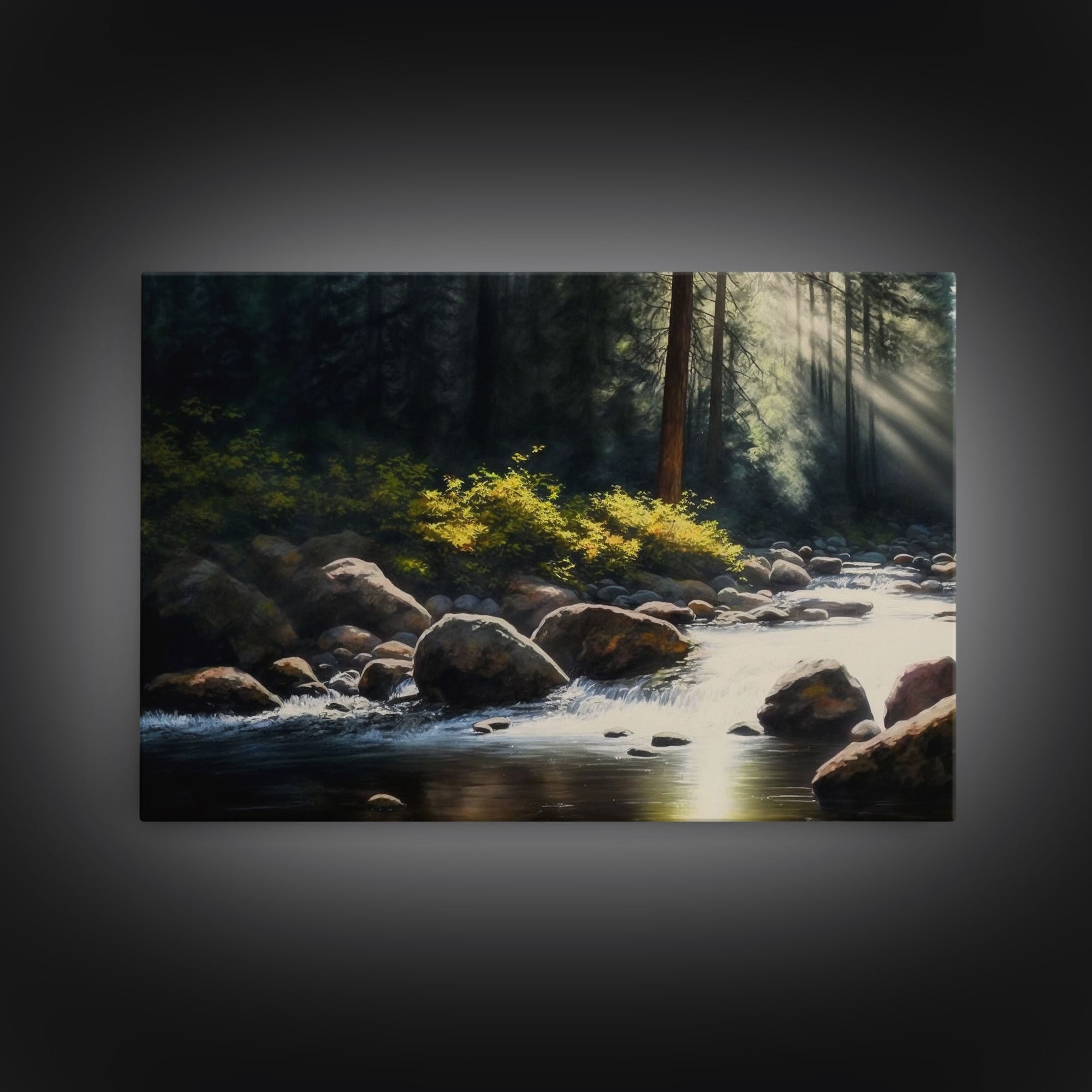 A Rocky Stream, Watercolor Art, Serene nature landscape art, framed canvas print, mouth of the river in the morning light wall art