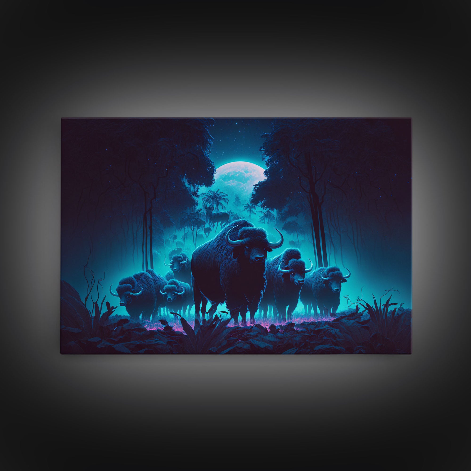 Herd of Water buffalo at midnight, full moon, retro style synthwave animal prints, framed canvas print