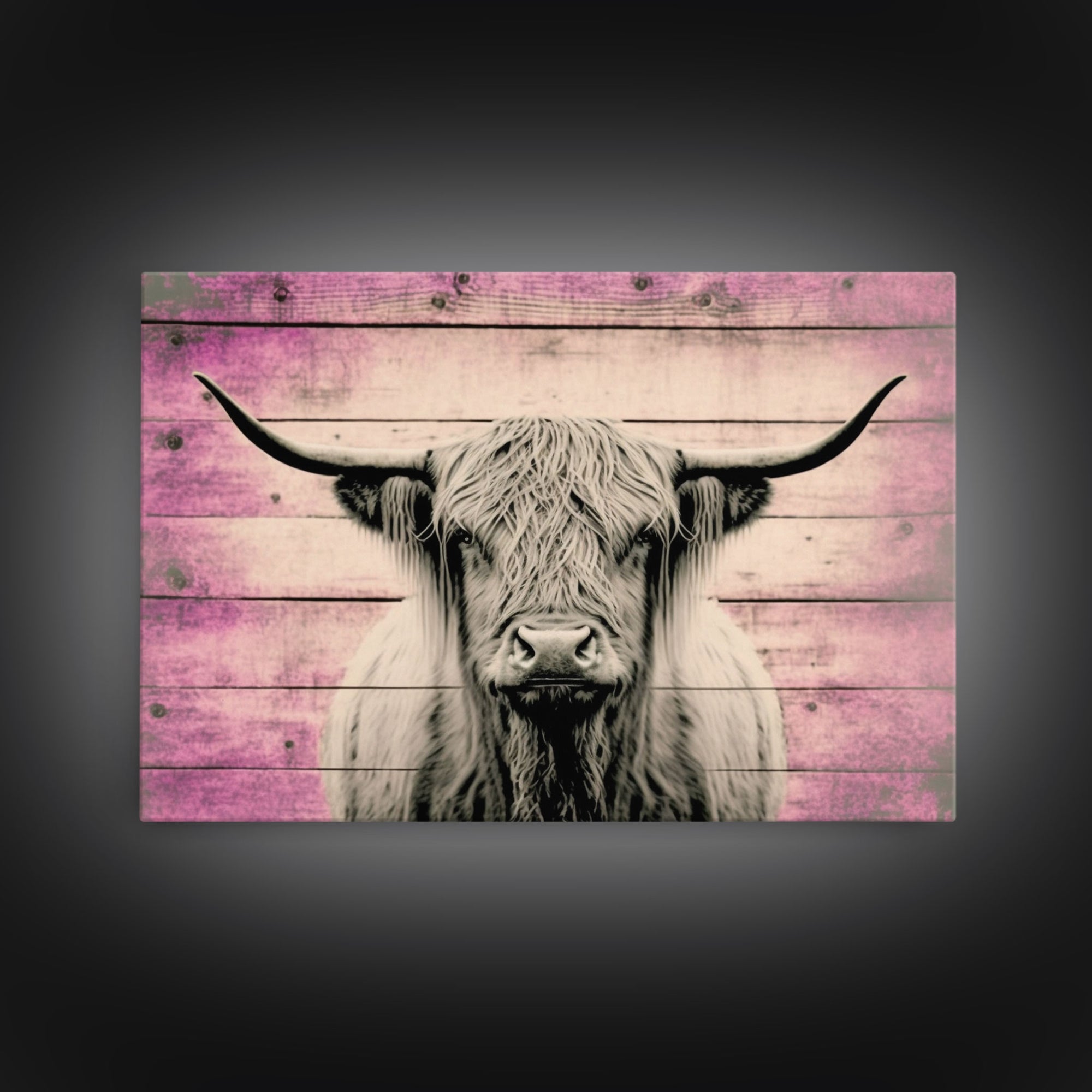 Pink Rustic Cattle Art, Framed Canvas Print, Framed Wall Art, Primitive Rustic Minimalist Farmhouse Decor, Highland Cattle Distressed Art