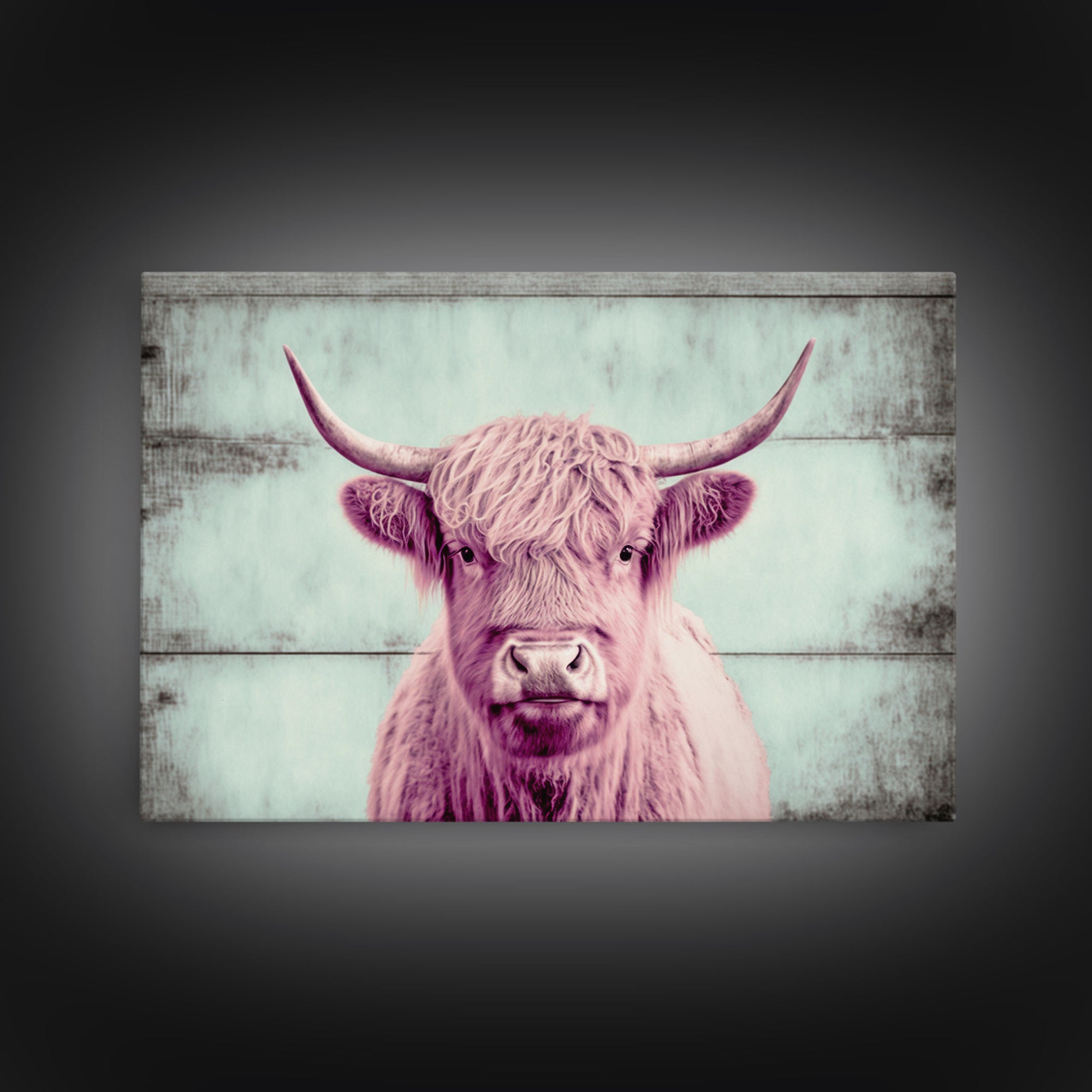 Pink and Turquoise Rustic Cattle Art, Framed Canvas Print, Framed Wall Art, Primitive Rustic Minimalist Farmhouse Decor, Highland Cattle Art