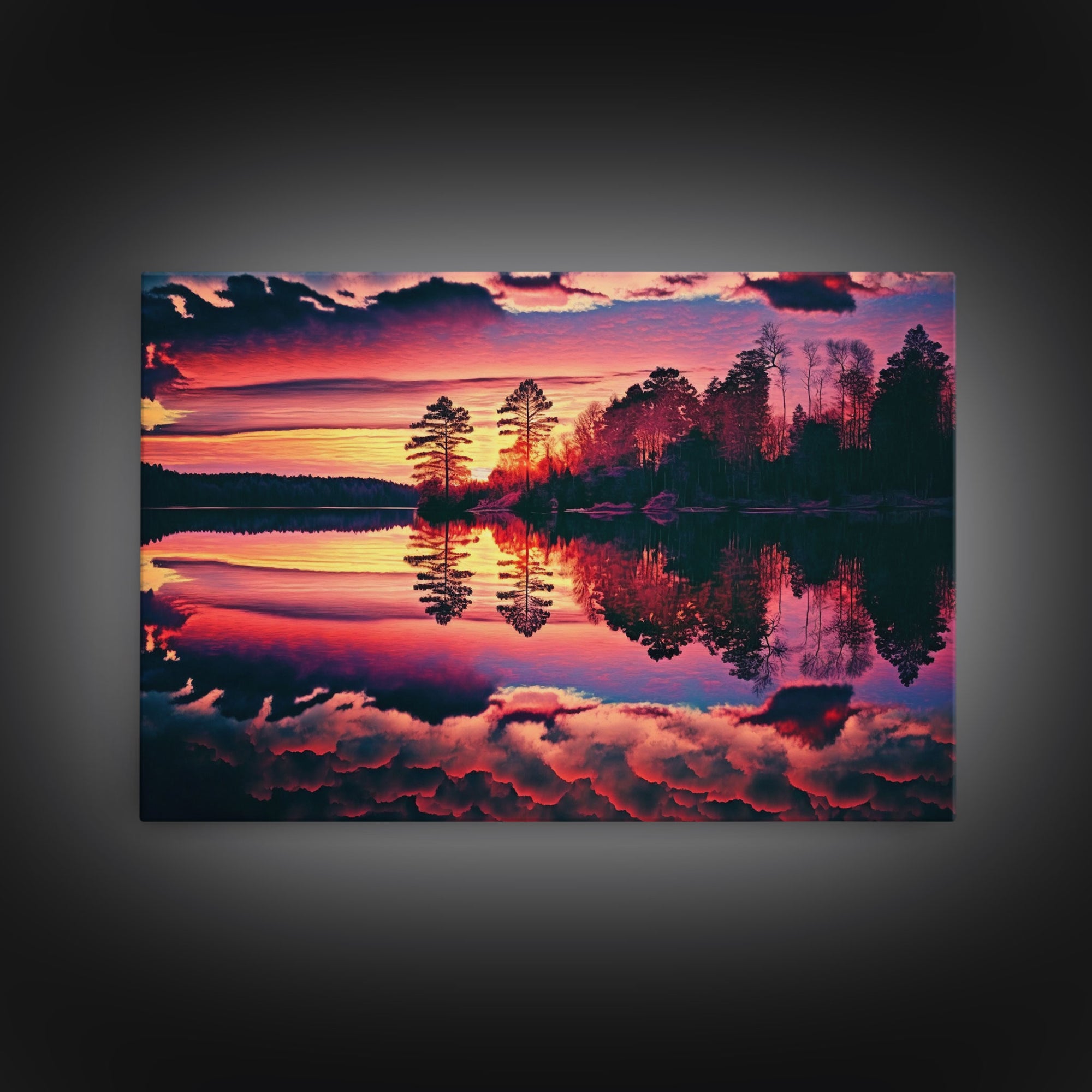 Reflections on the lake, red landscape art, framed canvas print, subdued red nature art