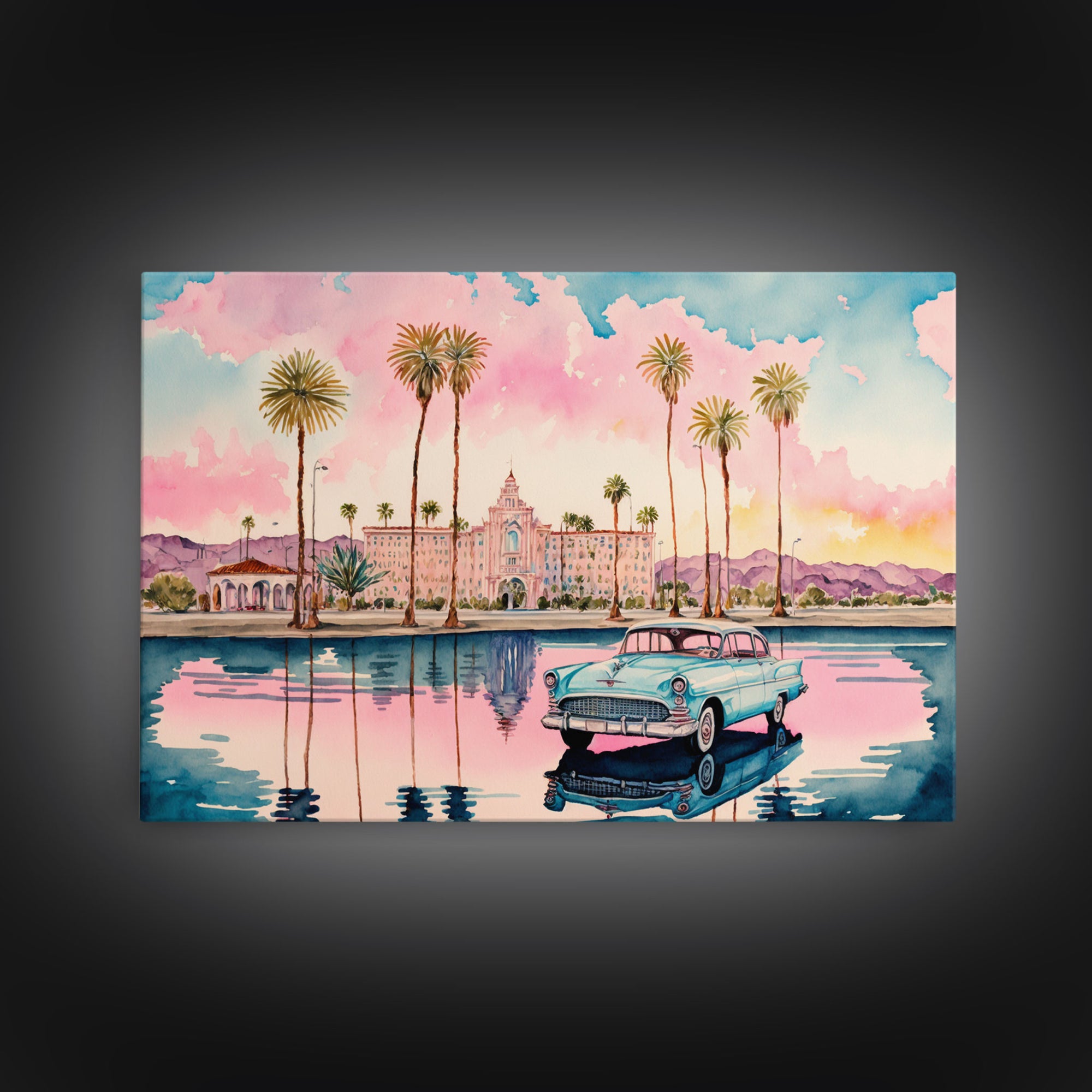 Vaporwave Aesthetic Cuba, Retro 50's car, Tropical Art, Framed Canvas Print