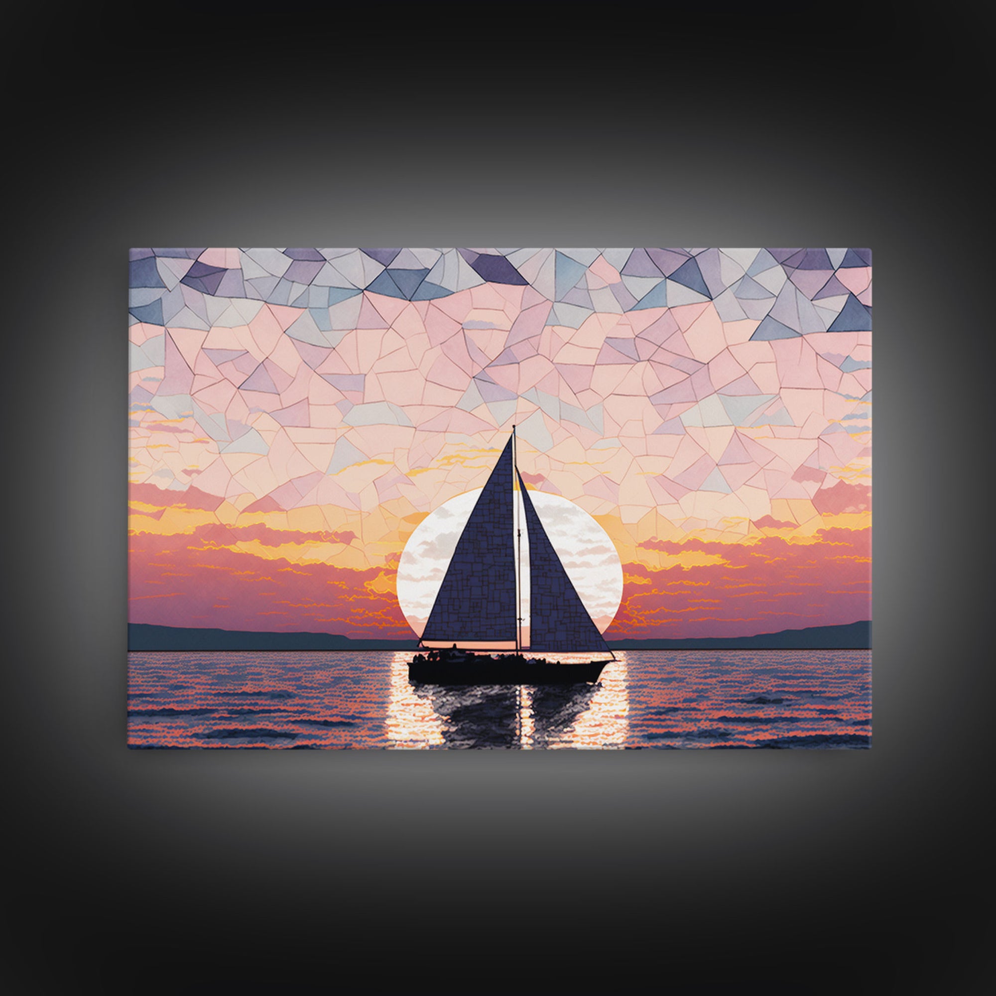 Sailing Under a Stained Glass Sky, Framed Canvas Print, Canvas Art, Nautical Art Deco Style Sunset Art