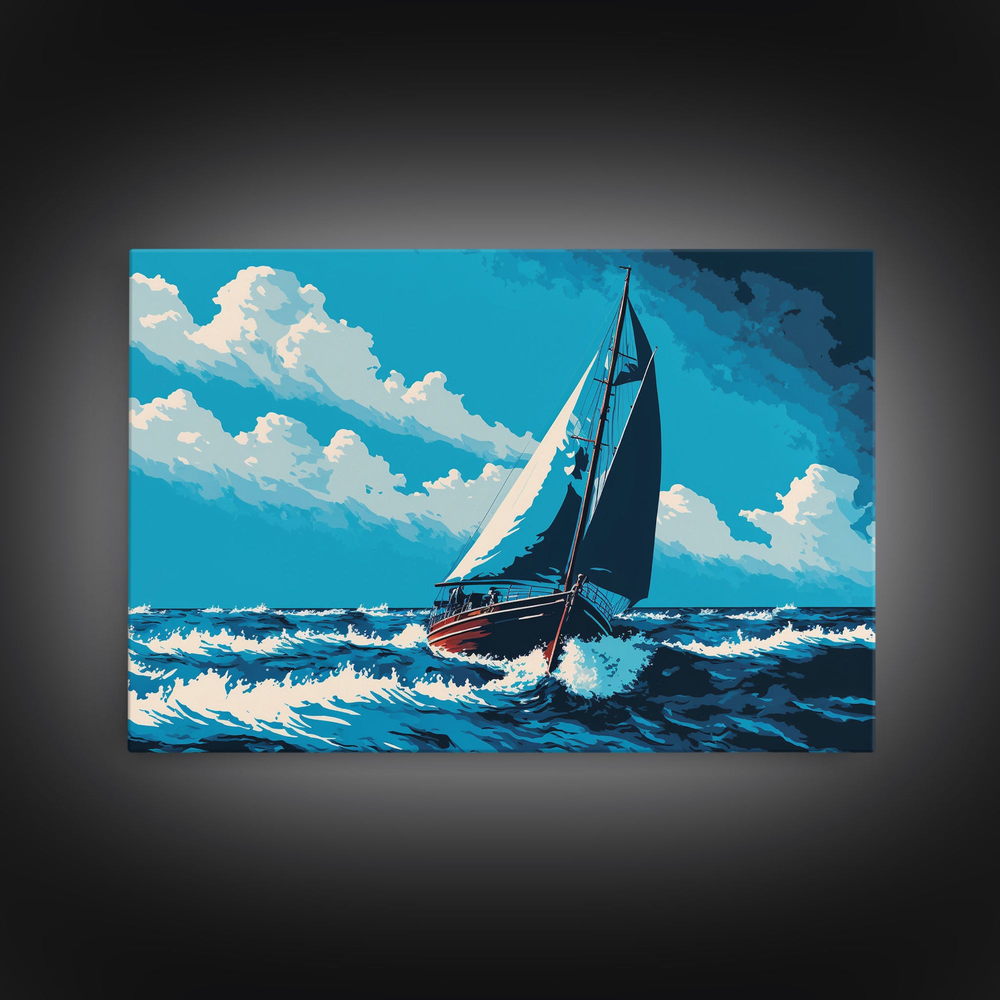 In The Chop, Monochromatic Art, Blue Tones, Framed Canvas Print, Sailing Art, Nautical Themed Decor