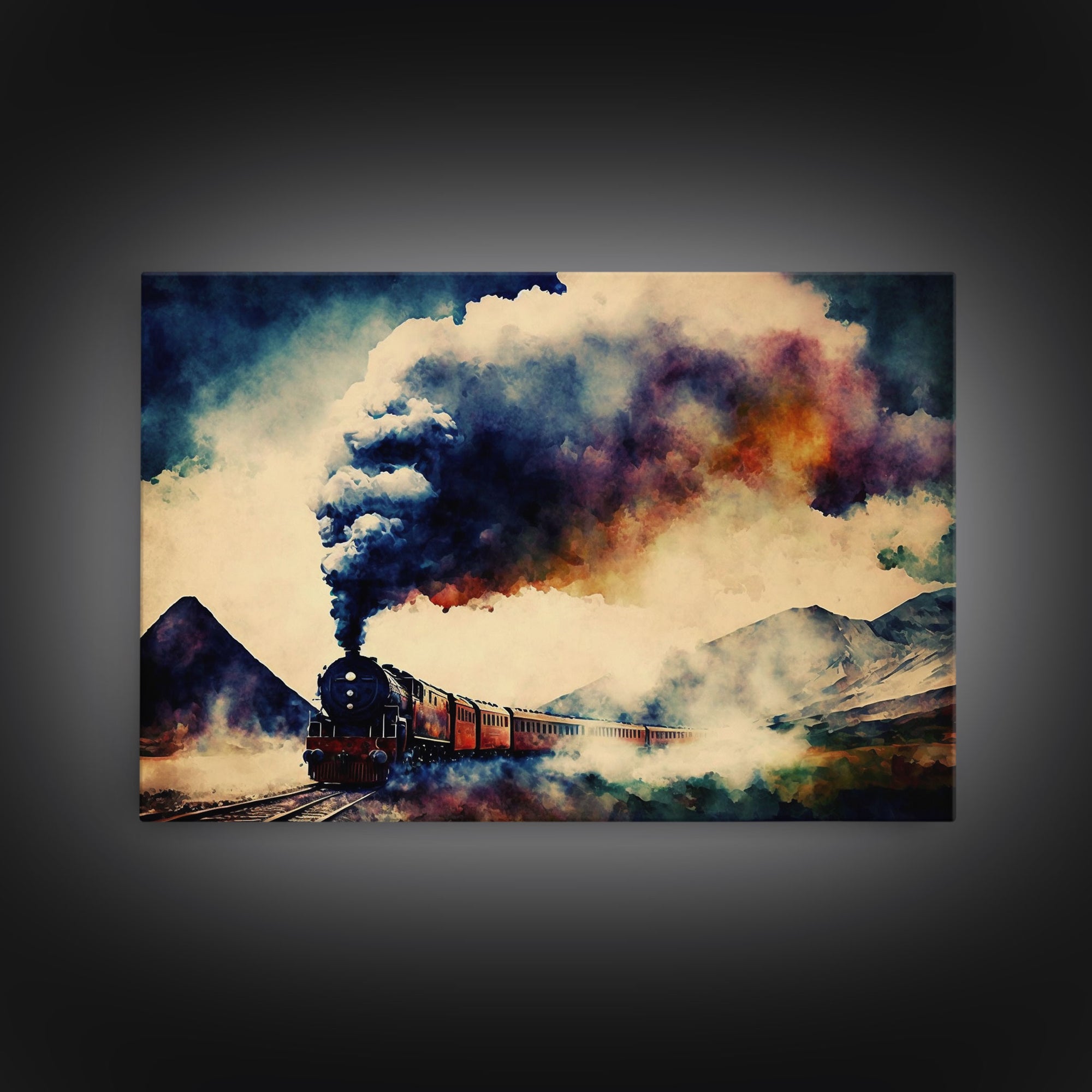 Steampunk Train Watercolor Print, Framed Canvas Art, Wild West 1800s Steam Train, Full Steam Ahead