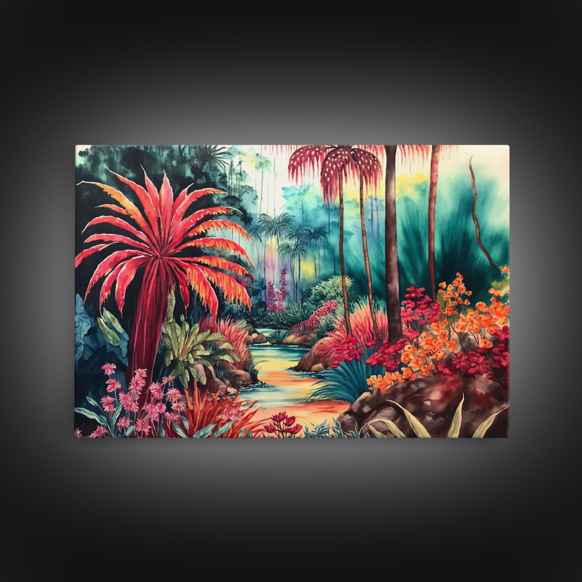 Tropical Jungle Paradise Watercolor, Framed Canvas Print, Canvas Art, Colorful Jungle Painting