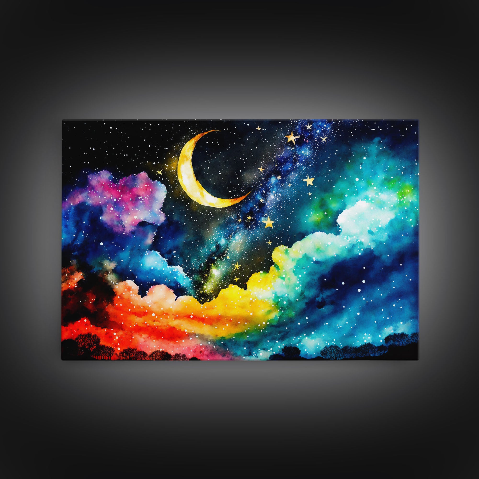 Rainbow Starry Night Sky, Milky Way Galaxy Abstract, Framed Canvas Print, Unique Scifi Space Art, Nursery Art For Kids