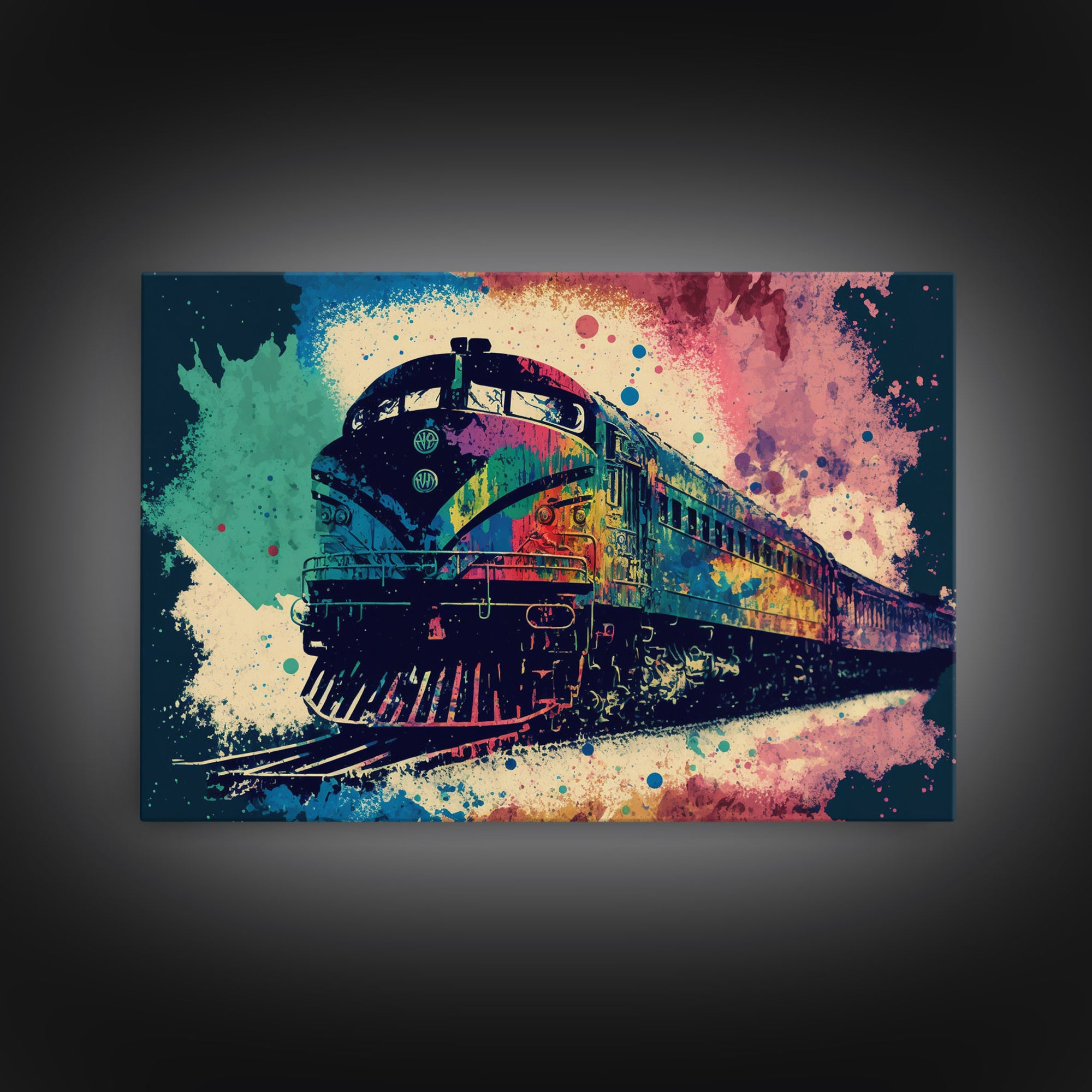 Train Art, Watercolor, Graffiti Pop Art, Framed Canvas Print, Modern Passenger Train Wall Decor, Train Conductor Art