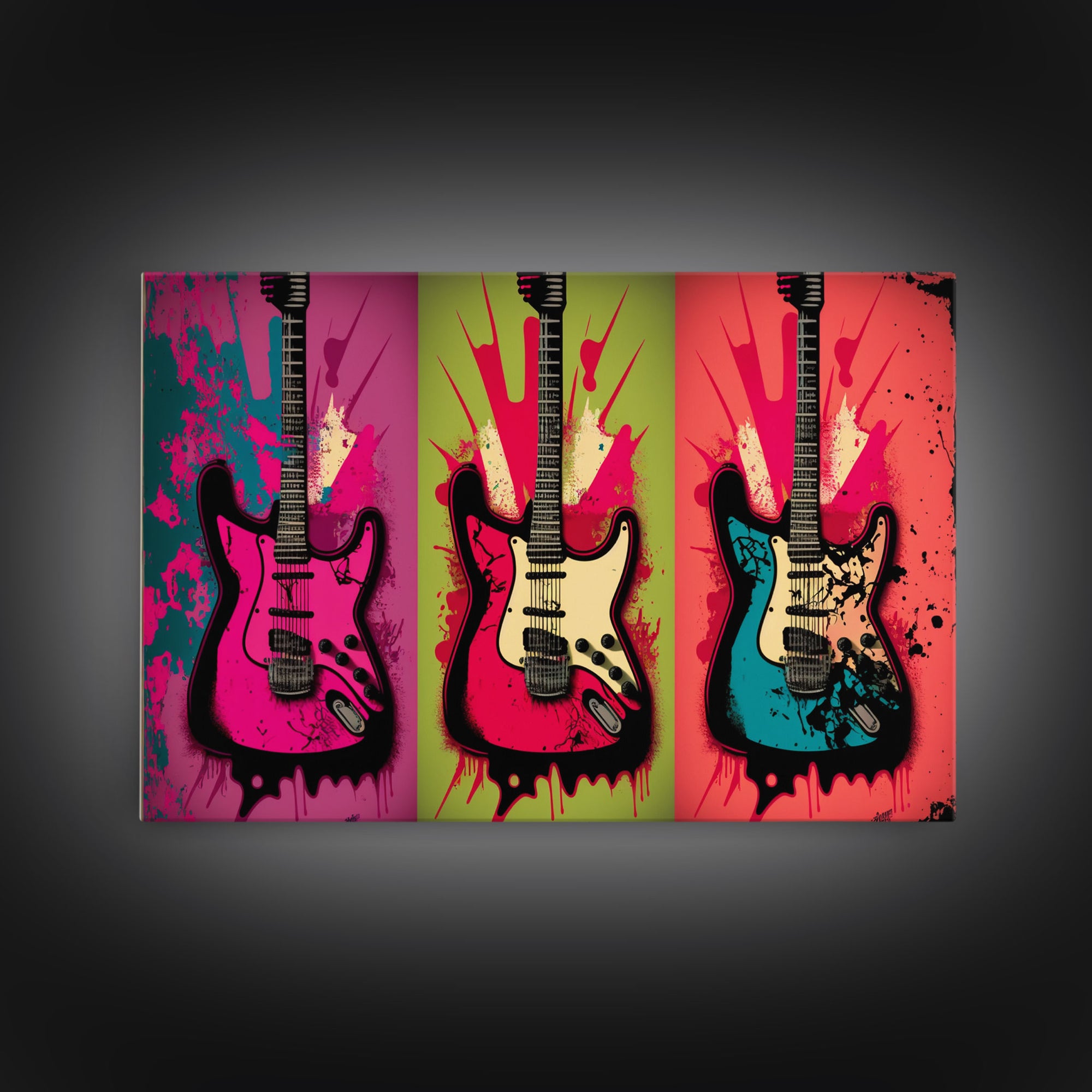 Electric Guitar Pop Art, Instrument Drawings, Framed Canvas Print, Pop Art, Graffiti Splatter Art, Large Living Room Wall Decorr