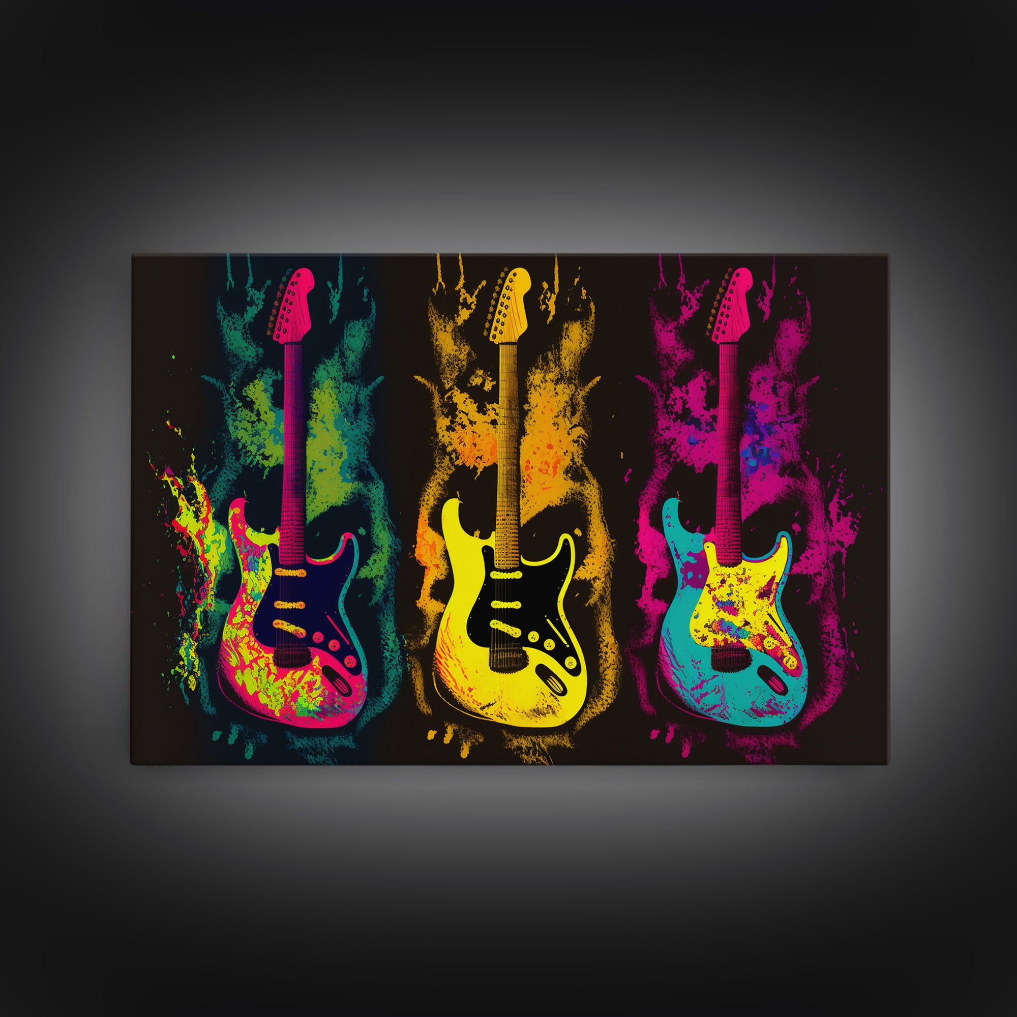 Psychedelic Electric Guitar Graffiti Pop Art, Instrument Drawings, Framed Canvas Print, Pop Art, Splatter Art, Large Living Room Wall Decorr