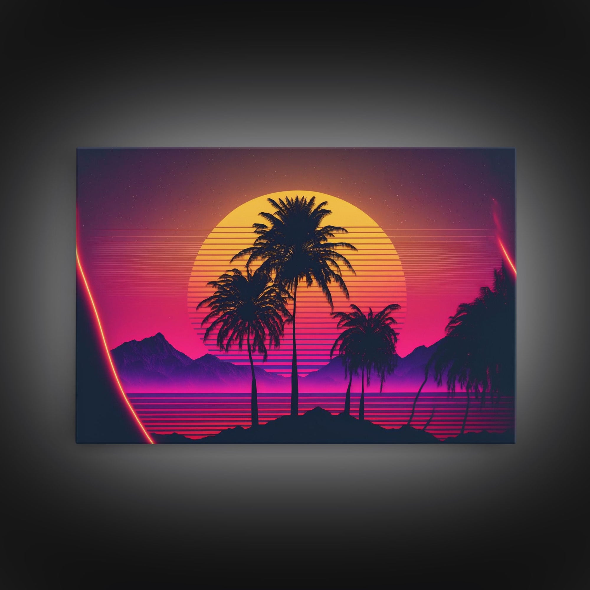 Synthwave Sunset Behind Beautiful Palm Trees, 1980s Style Retro Home Decor, Framed Canvas Print