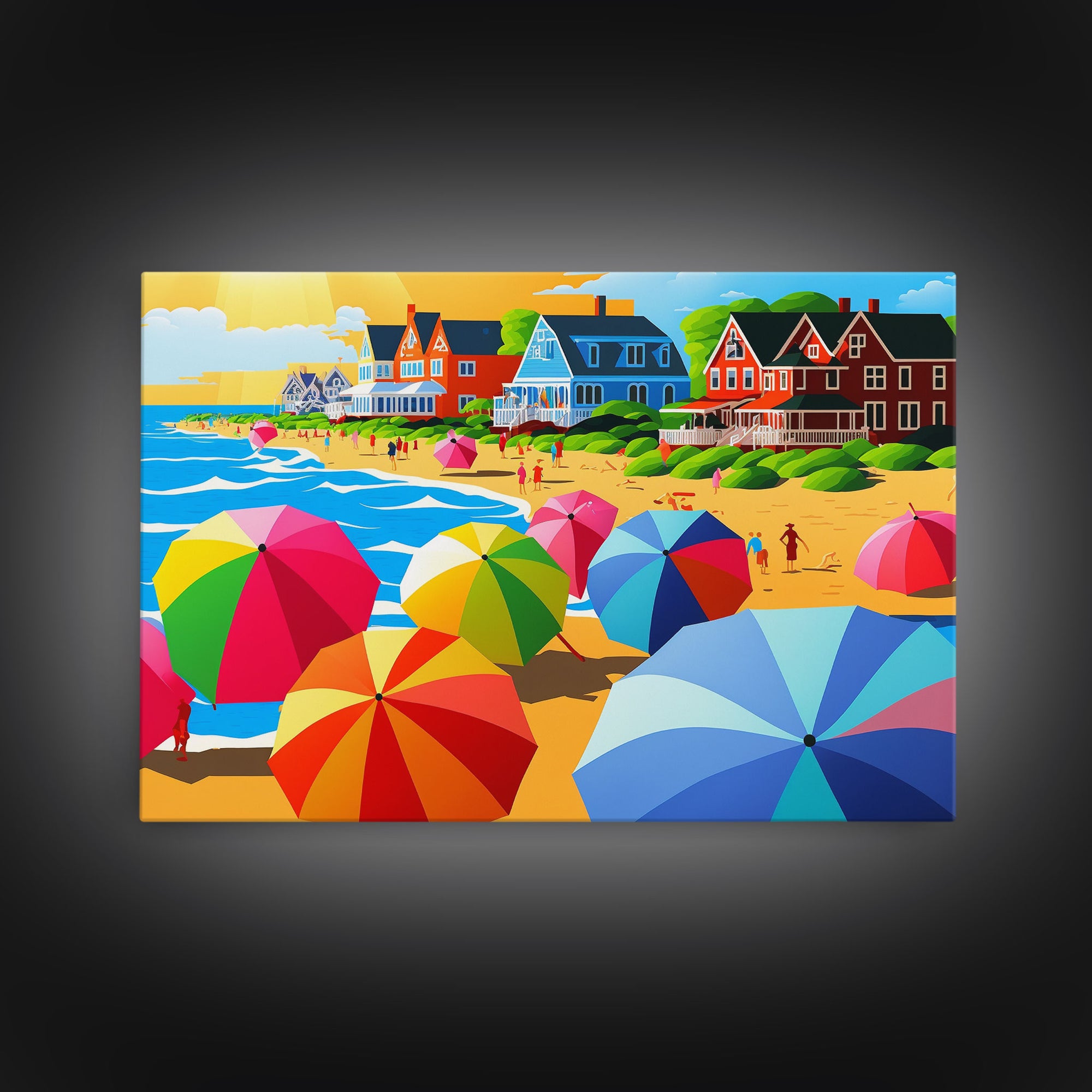 The Beach Crowd, Art Deco Pop Art Mashup, Framed Canvas Print, Colorful Beach Umbrellas, Beach House Lake House Decor