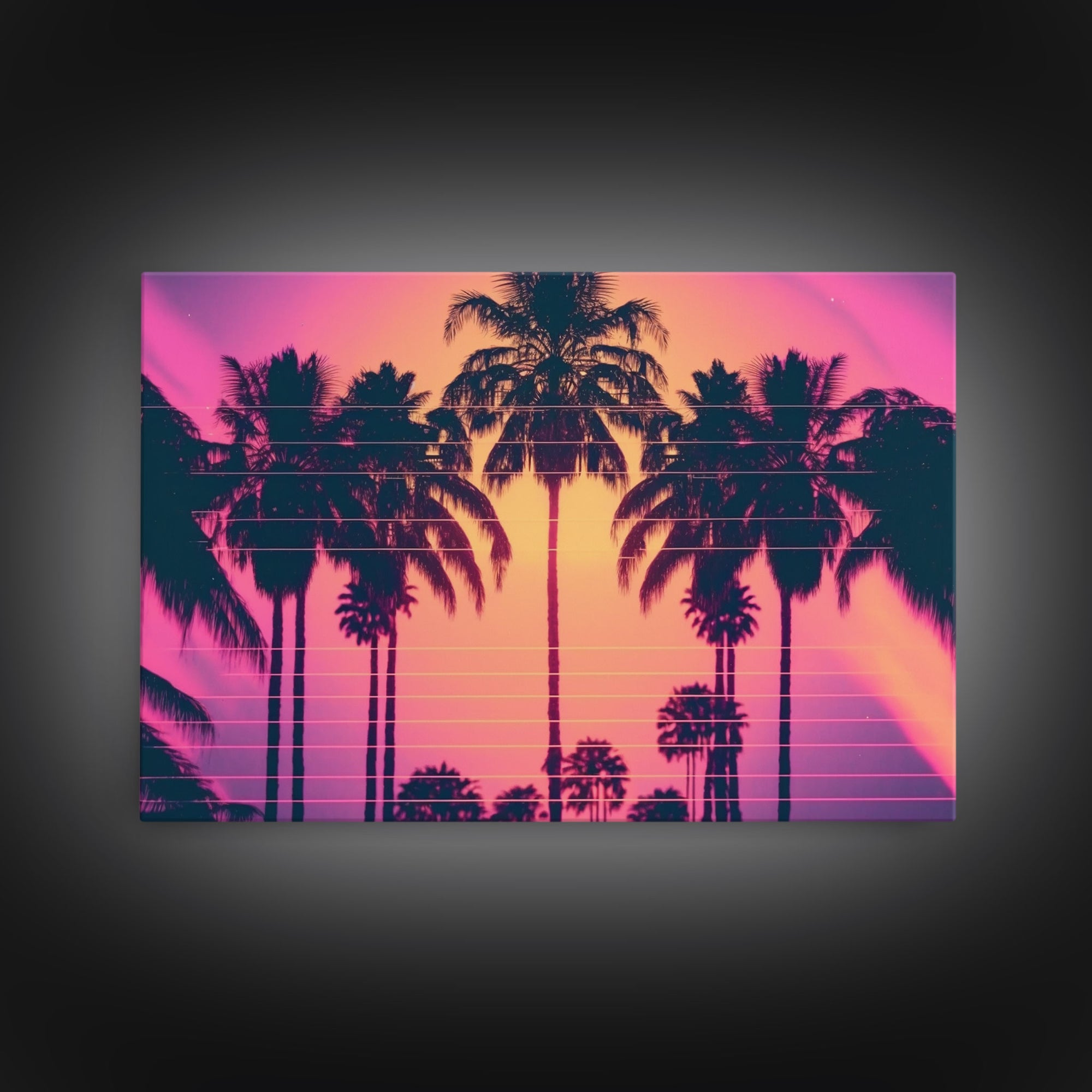 Synthwave Sunset Art, Framed Canvas Print, Palm Tree 80s Vibe Wall Art