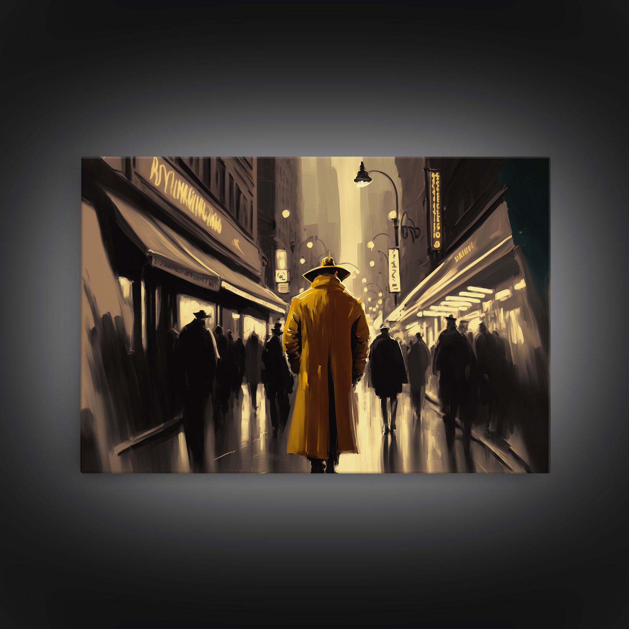 The Man in The Trench Coat, Framed Canvas Print, Time Lapse Watercolor Painting, Subdued Office Wall Art, Noir Art