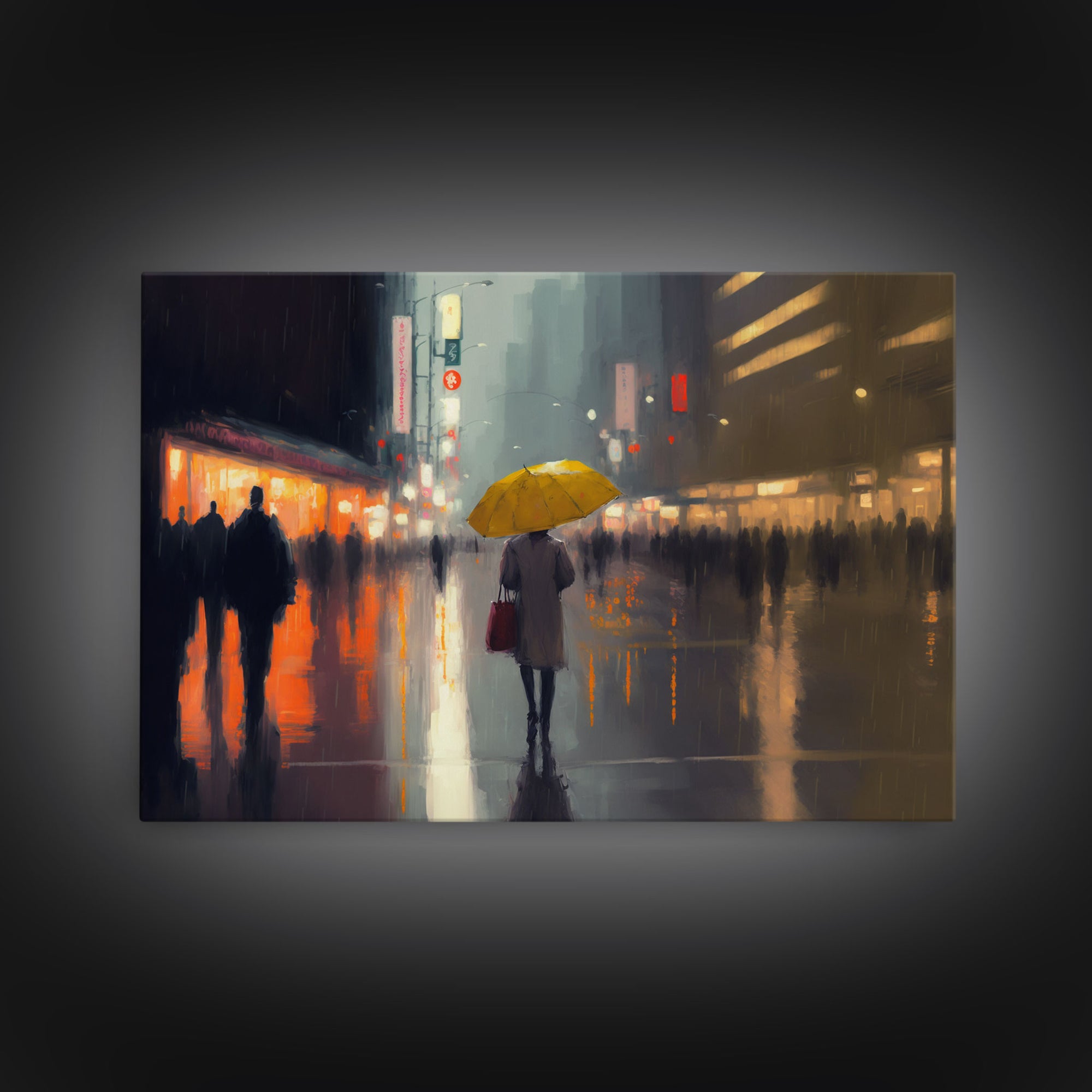 Rainy City At Night, Framed Canvas Print, Dystopian Rain Art, Huge Wall Art, Large Oversized Wall Decor