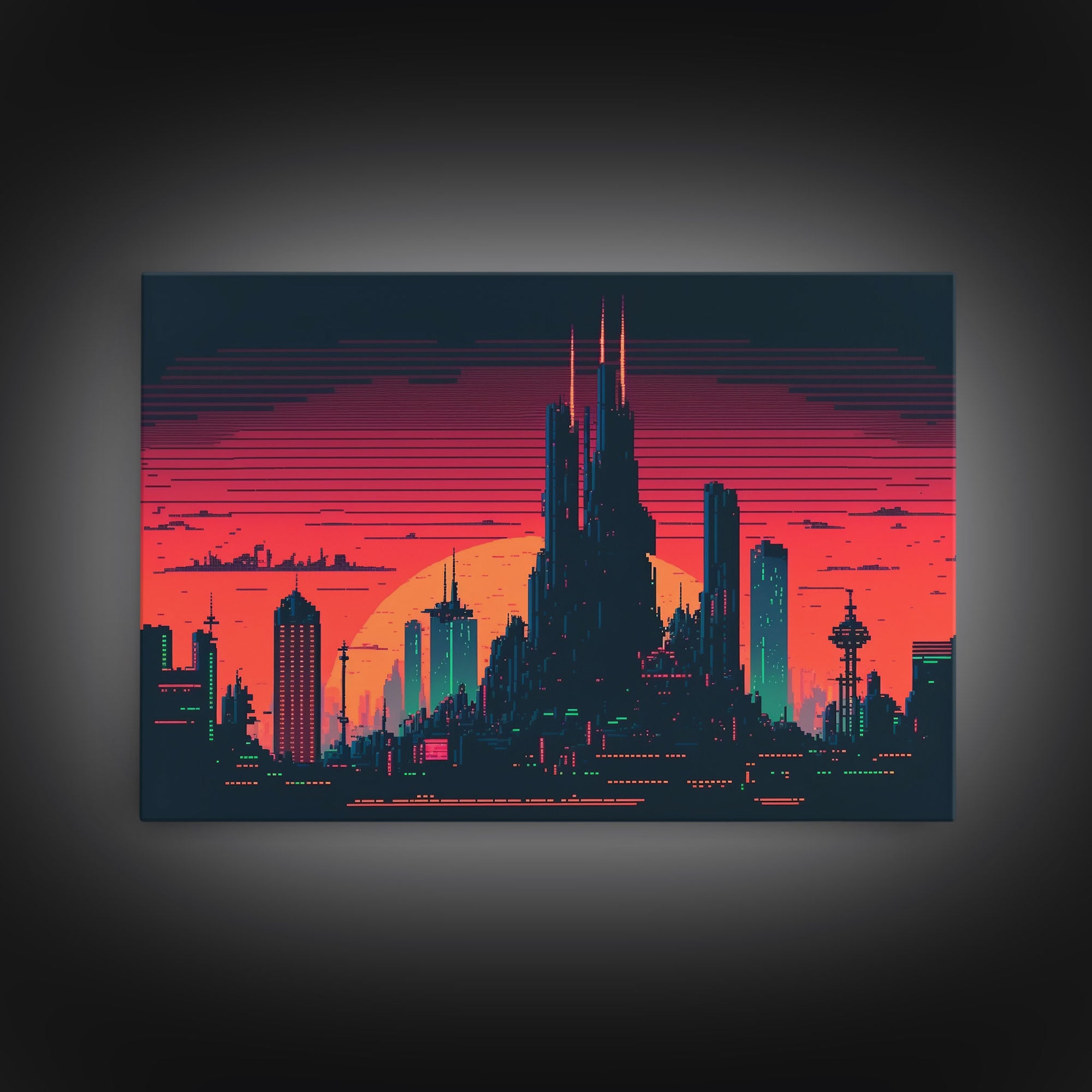 Outrun Style Pixel Art Futuristic Cyberpunk City Skyline at Sunset, Concept art, framed canvas print, dystopian art