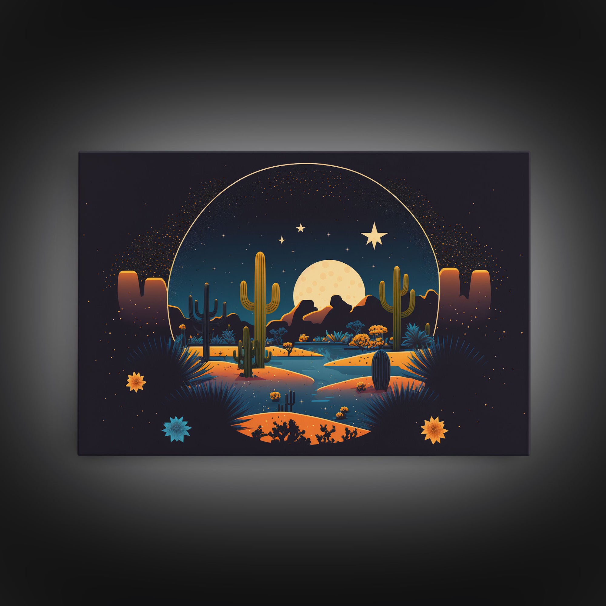 Retro Art Deco Style Pueblo Desert Art, Cactus Desert Landscape under a Full Moon, Framed Canvas Print, Cute Western Decor