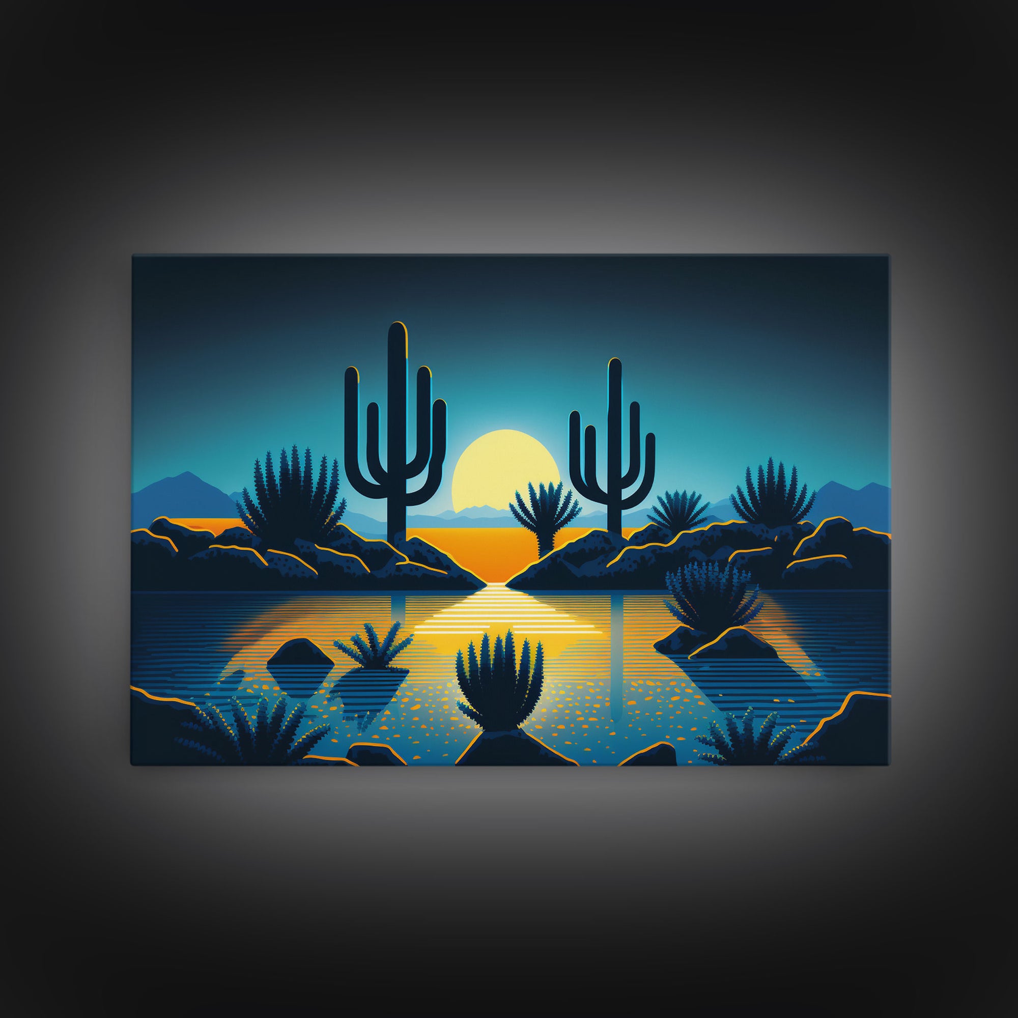 Retro Art Deco Style Pueblo Desert Art, Cactus Desert Landscape under a Full Moon, Framed Canvas Print, Cute Western Decor