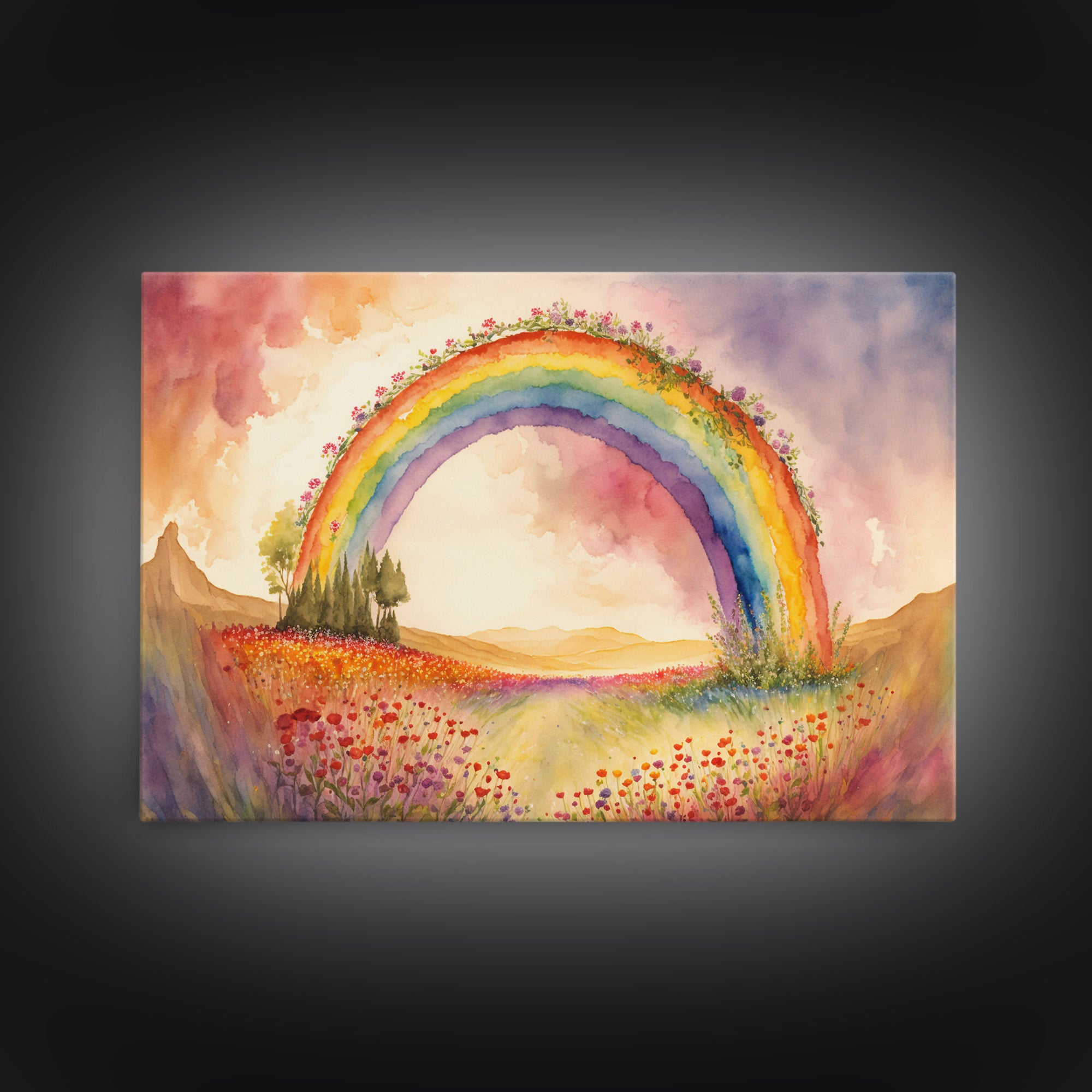 Watercolor of a Rainbow With Flowers, Framed Canvas Print, Framed Wall Art, Huge Framed Living Room Wall Decor, Rainbow and Flowers, Floral