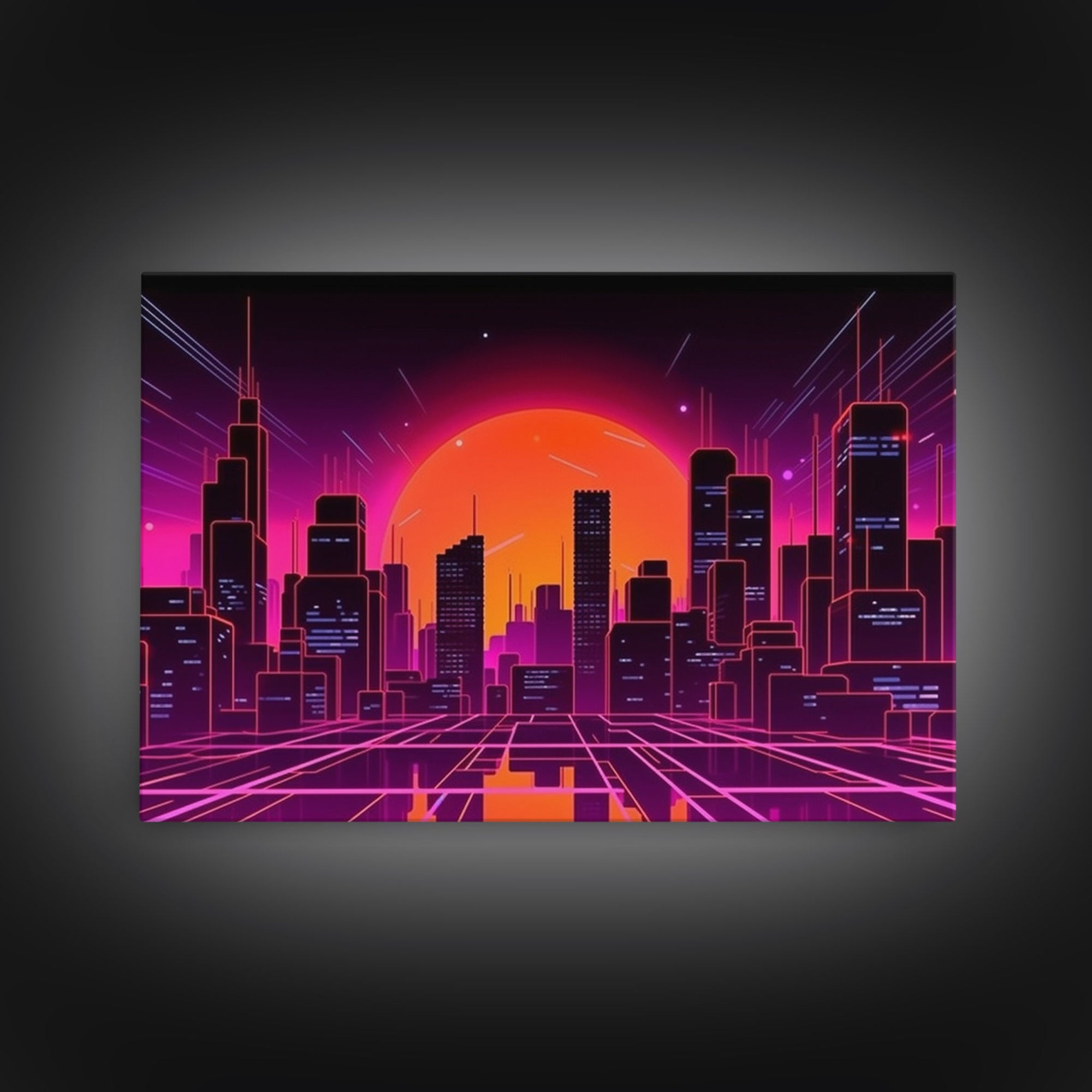 City Wall Art | Framed Canvas Print | Living room art | Lines | Retro | Wonderful art | Landscape | Outrun Style | Futuristic | Synthwave