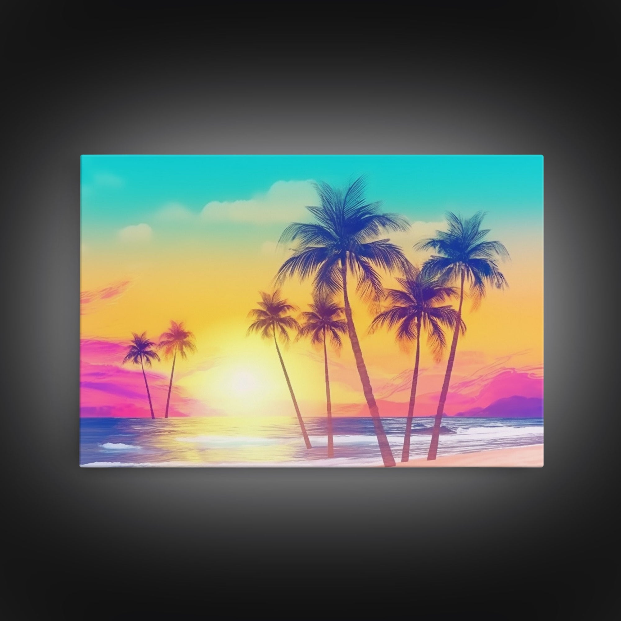 Colorful sunset Wall art, Framed Canvas Print, Synthwave Style, Guest room art, Pop Art Style, Watercolors, Beautiful art, Tropical Art