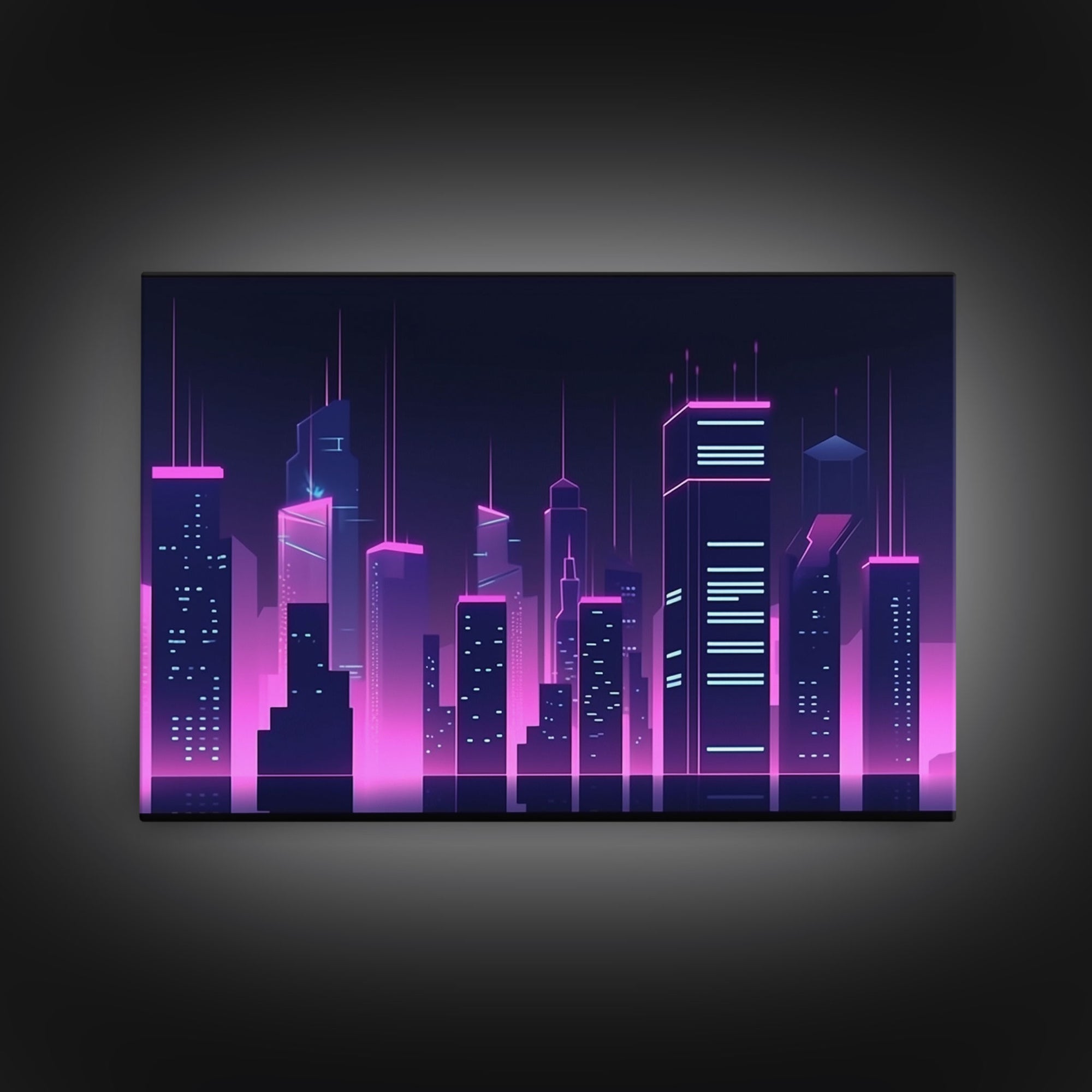 Big City Wall Art | Framed Canvas Print | Living room art | Office decor | Buildings | Outrun Style | Landscape | Night | Pop Art | City