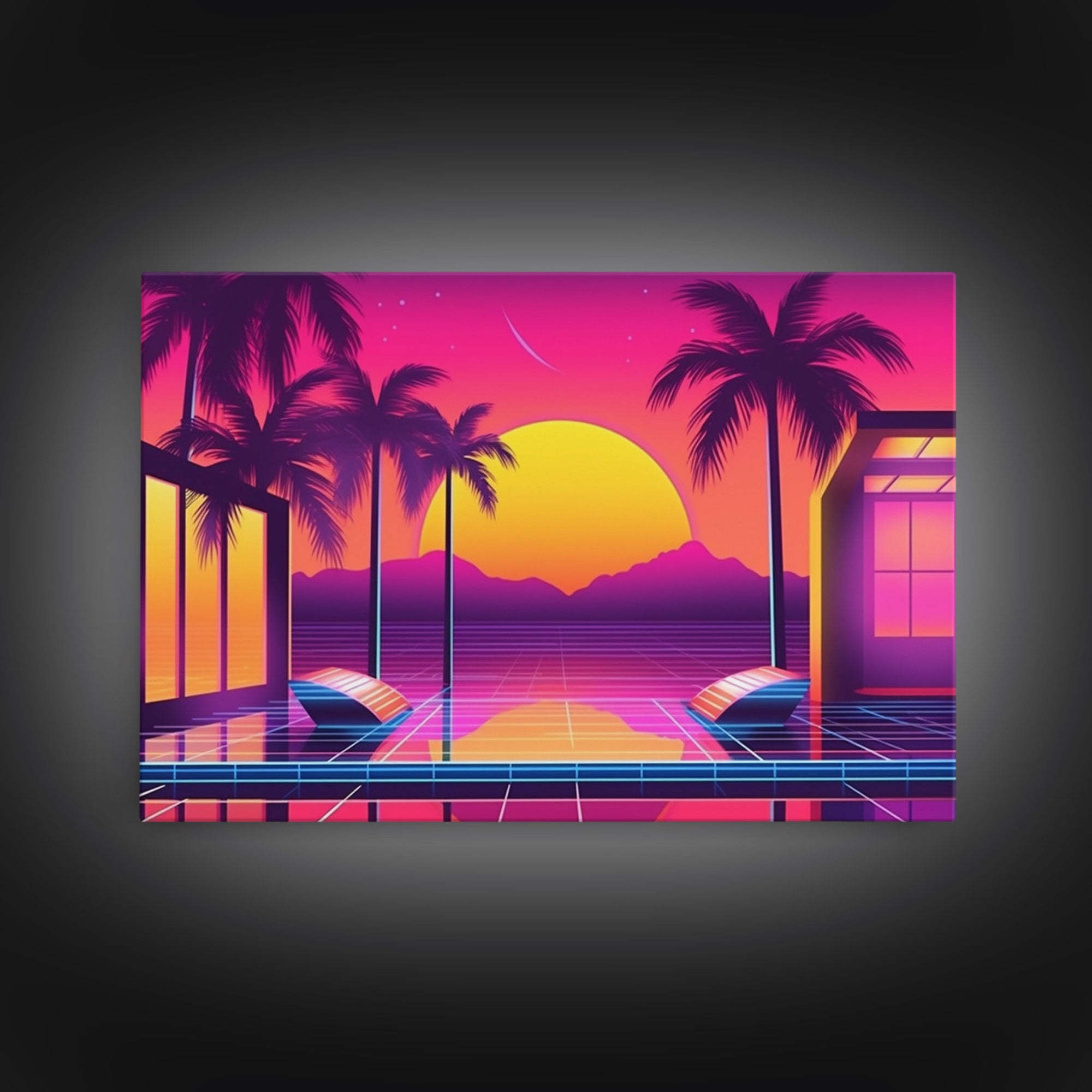 Sunset Penthouse Wall Art, Framed Canvas Print, Pop Art Style, Synthwave Style, Living room art, Colorful painting, Pink colors, Hot sunset