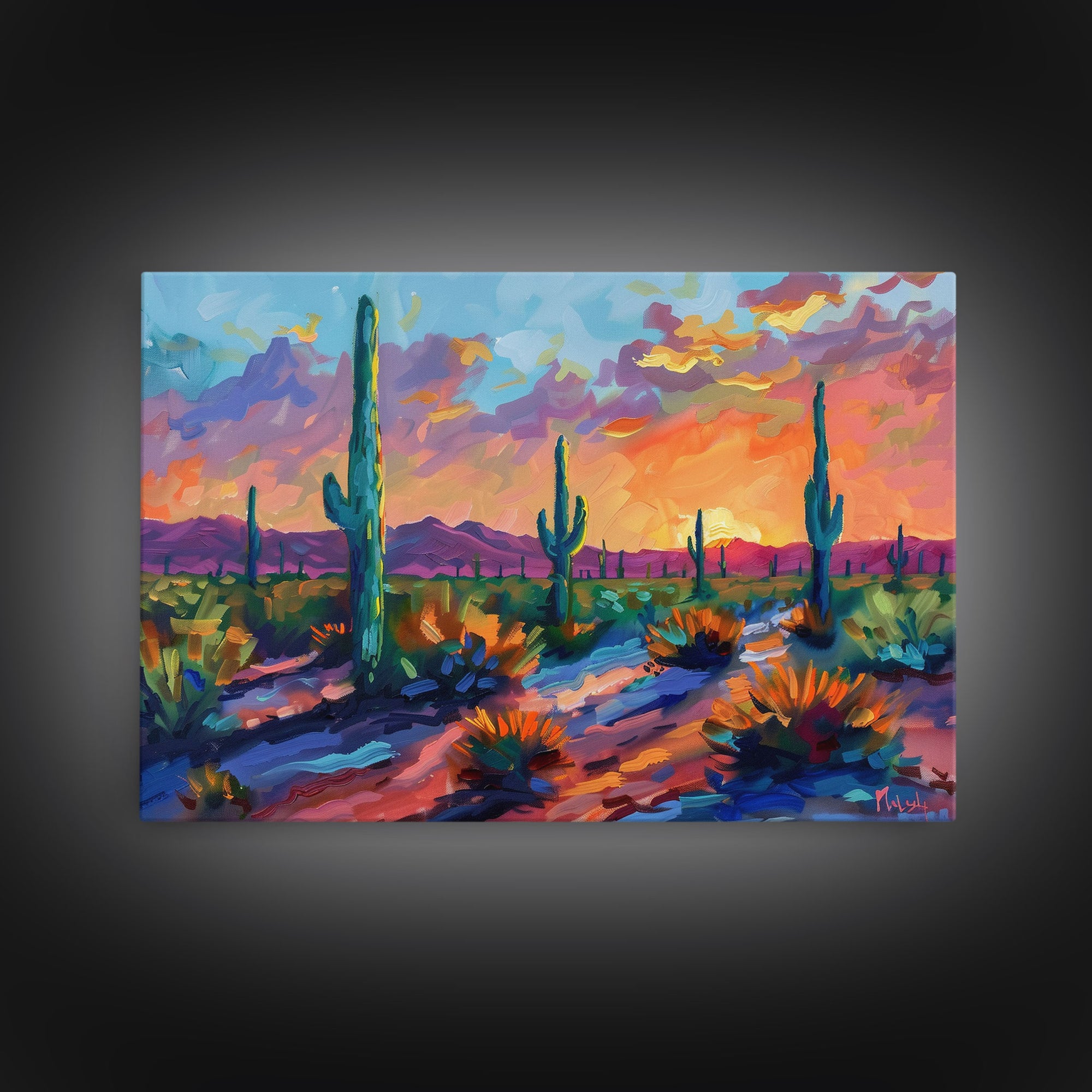 Sunset In The Desert, Framed Canvas Print, Out In The Desert, Southwestern Decor, Watercolor Painting, Original Painting