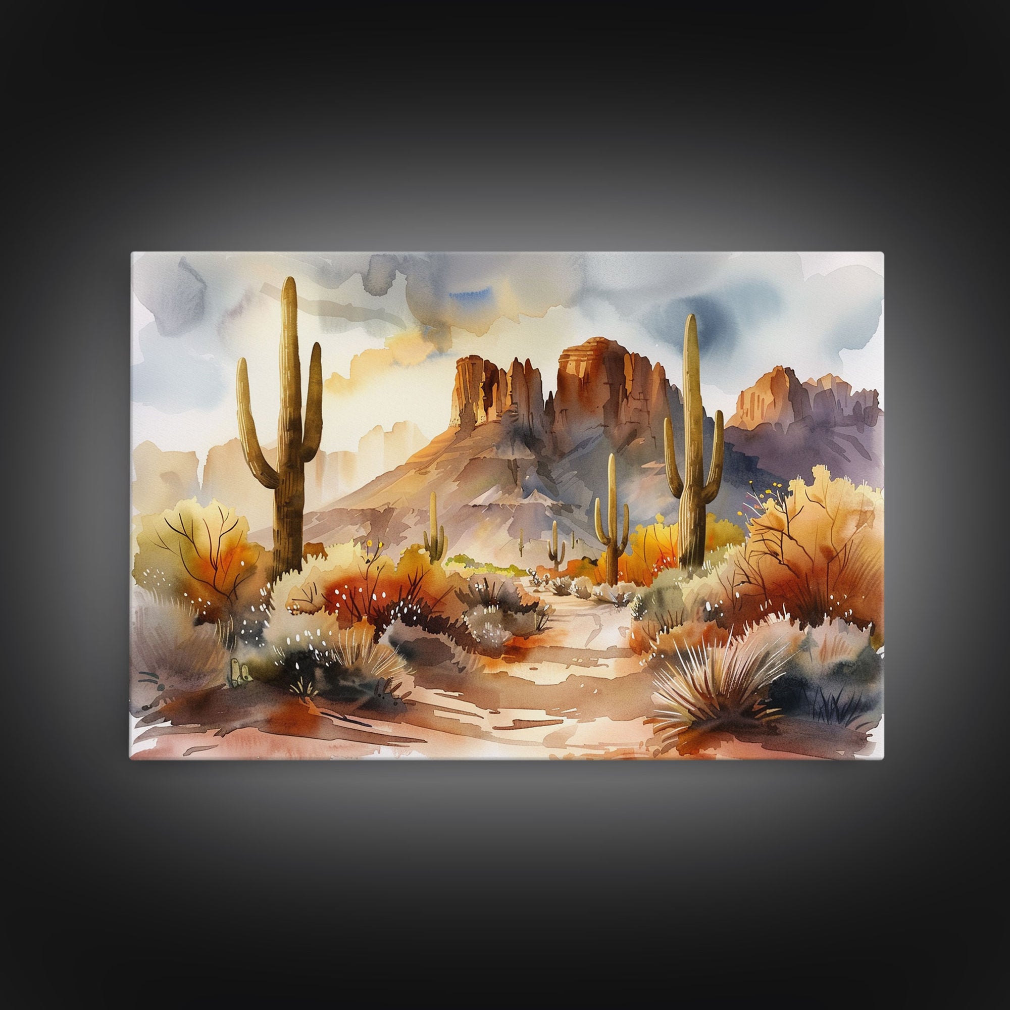 The Desert At Sunset Framed Canvas Print, Watercolor Painting, Original Wall Art Home Decor, Boho Style Farmhouse Wall Art