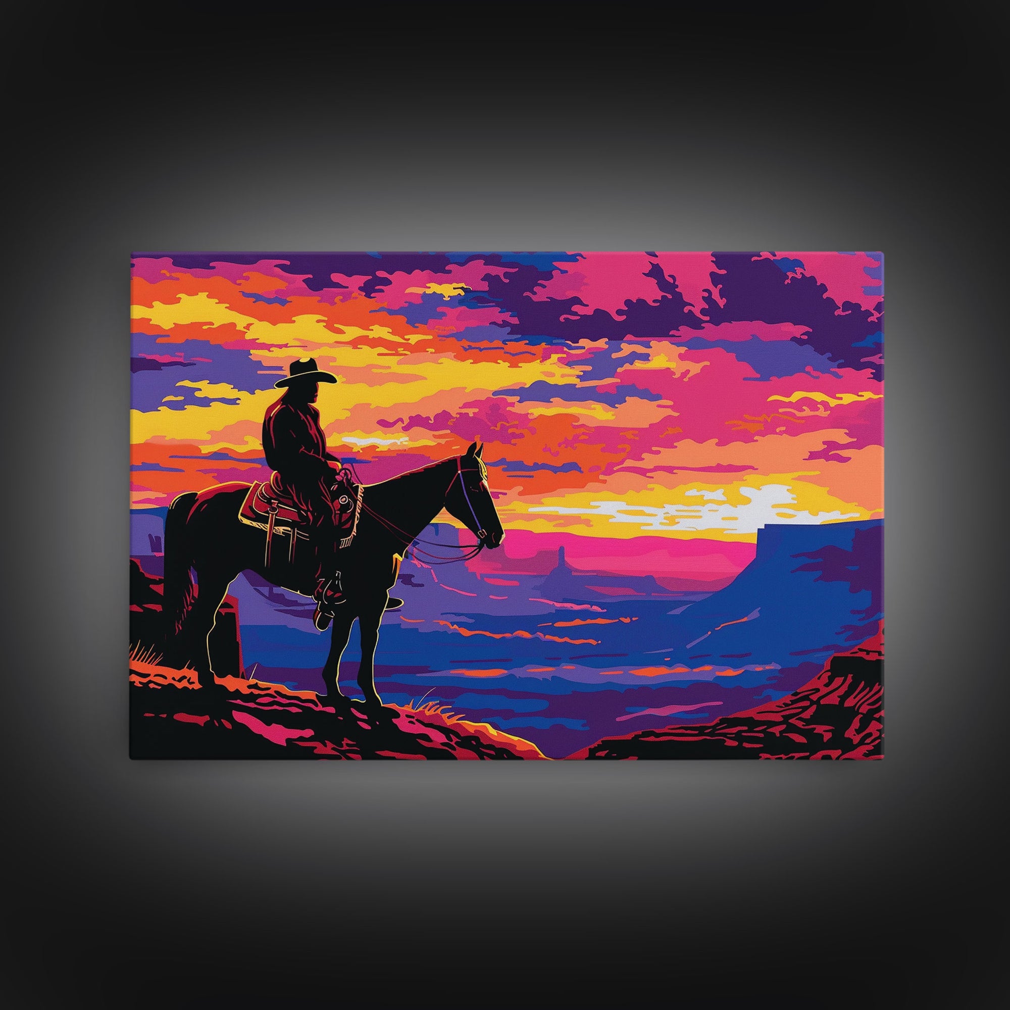 The Rider, Kitsch Western Decor, Framed Canvas Print, Western Dorm Room Decor, Wild West Wall Art, Home Decor