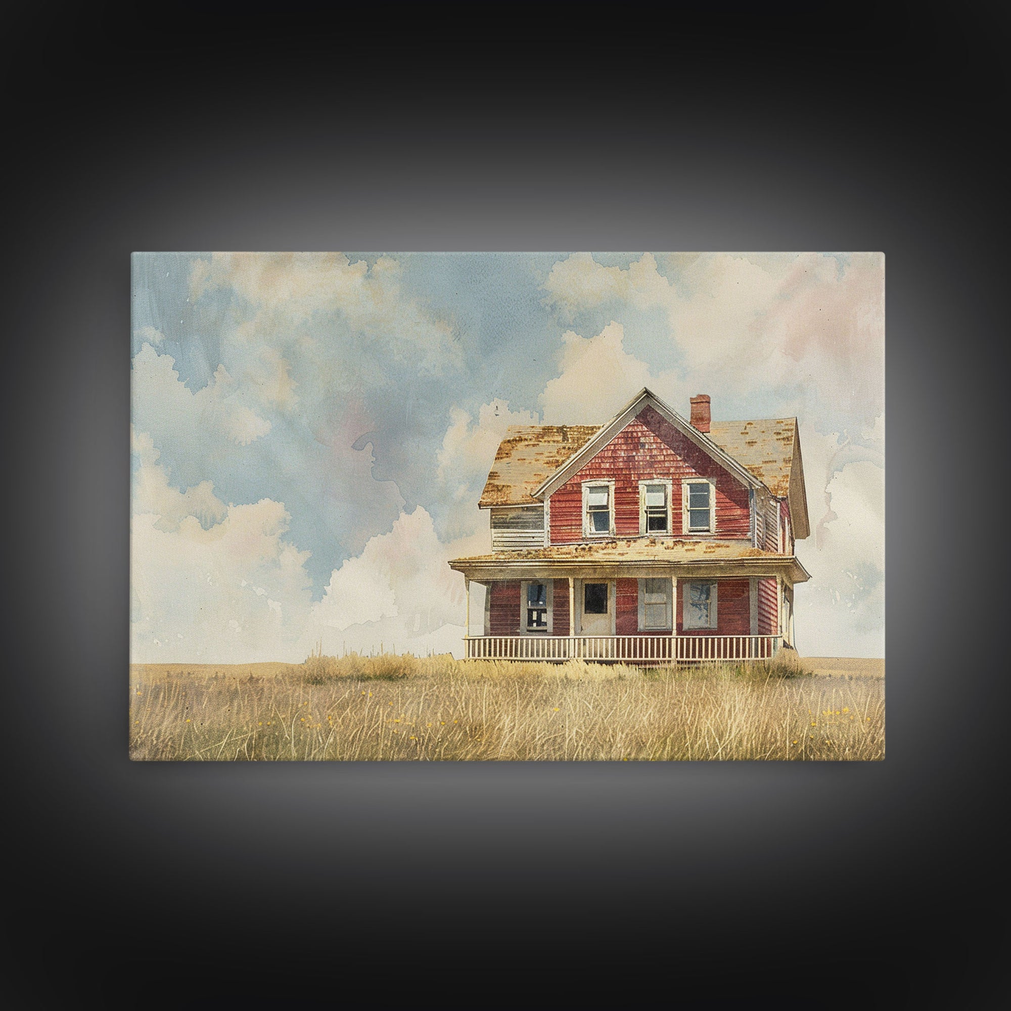 Watercolor Painting Of An Old Red Farmhouse, Framed Canvas Print, Wall Art Prints, Rustic Farmhouse Decor, Minimalist Art, Kitsch Decor